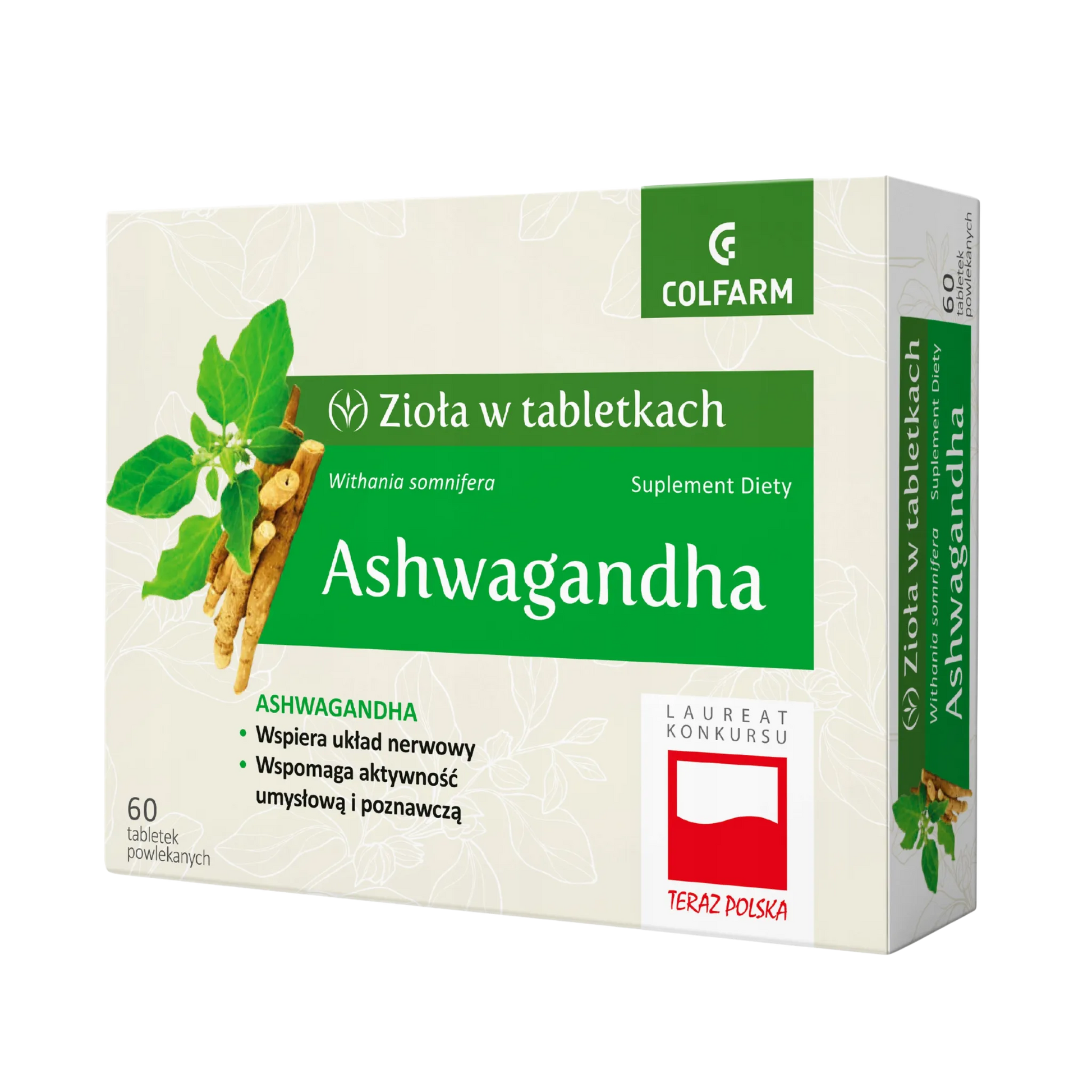 Ashwagandha Colfarm – opakowanie produktu, suplement diety 60 tabletek