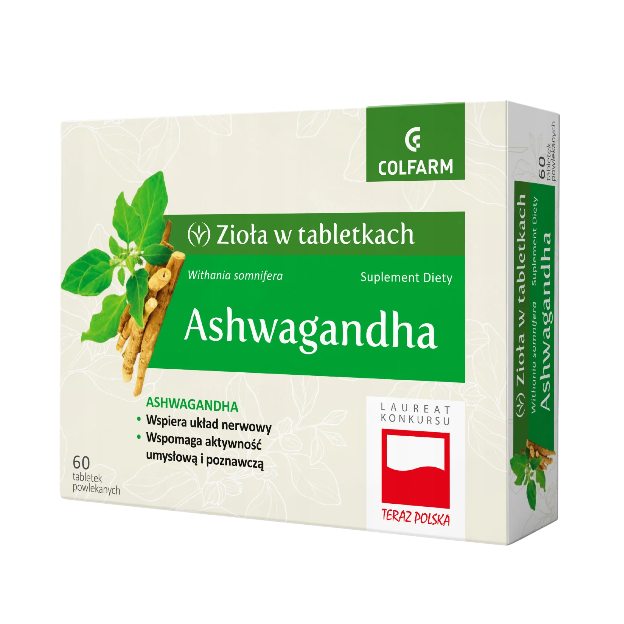 Ashwagandha Colfarm – opakowanie produktu, suplement diety 60 tabletek