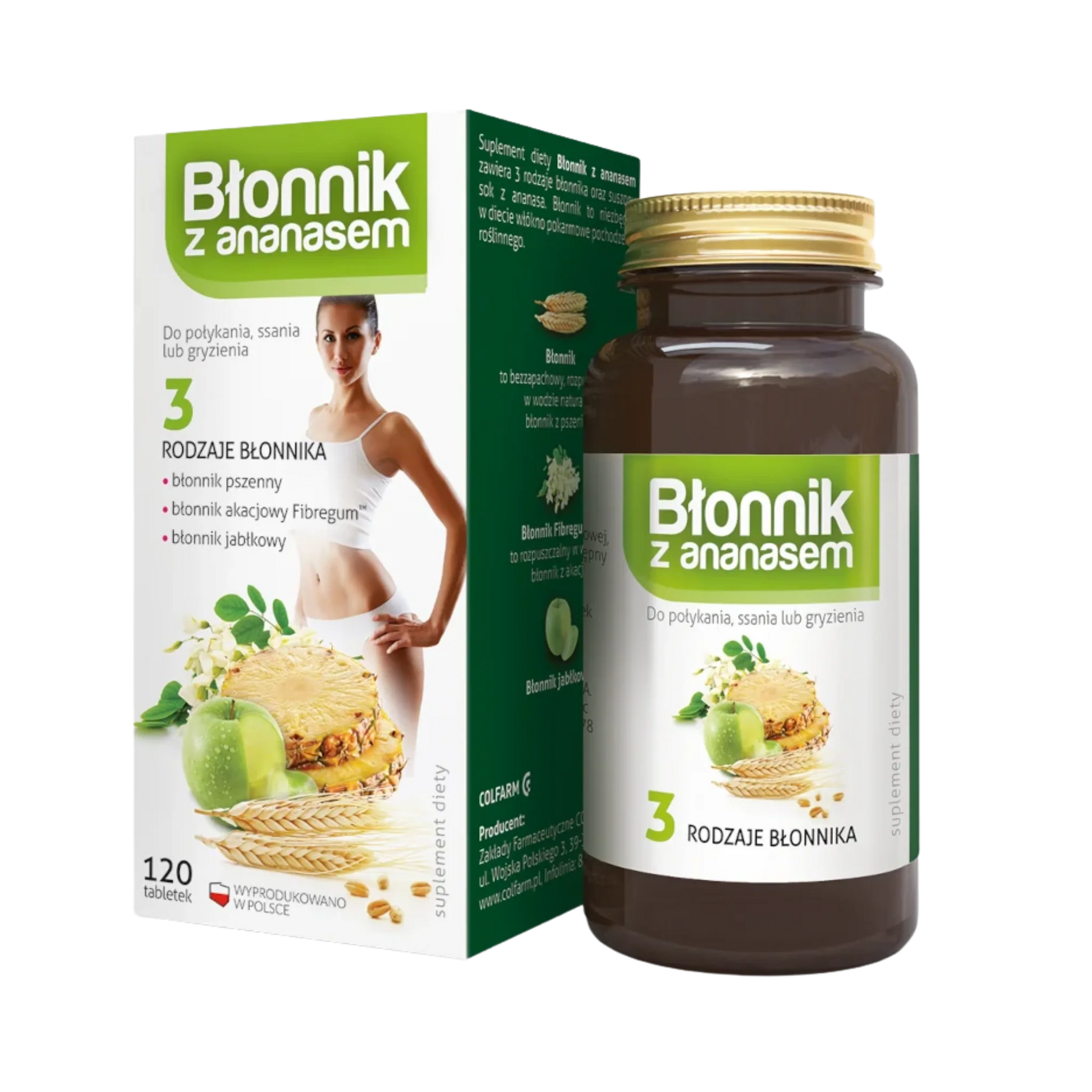 Błonnik z ananasem Colfarm – opakowanie i butelka produktu, suplement diety 120 tabletek