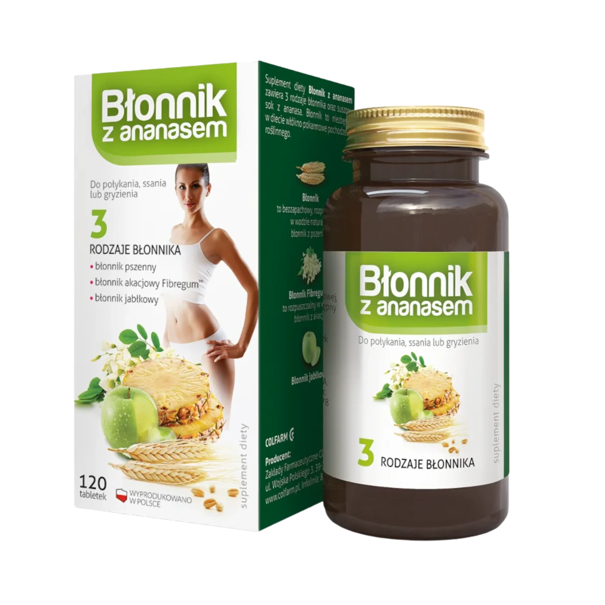 Błonnik z ananasem Colfarm – opakowanie i butelka produktu, suplement diety 120 tabletek
