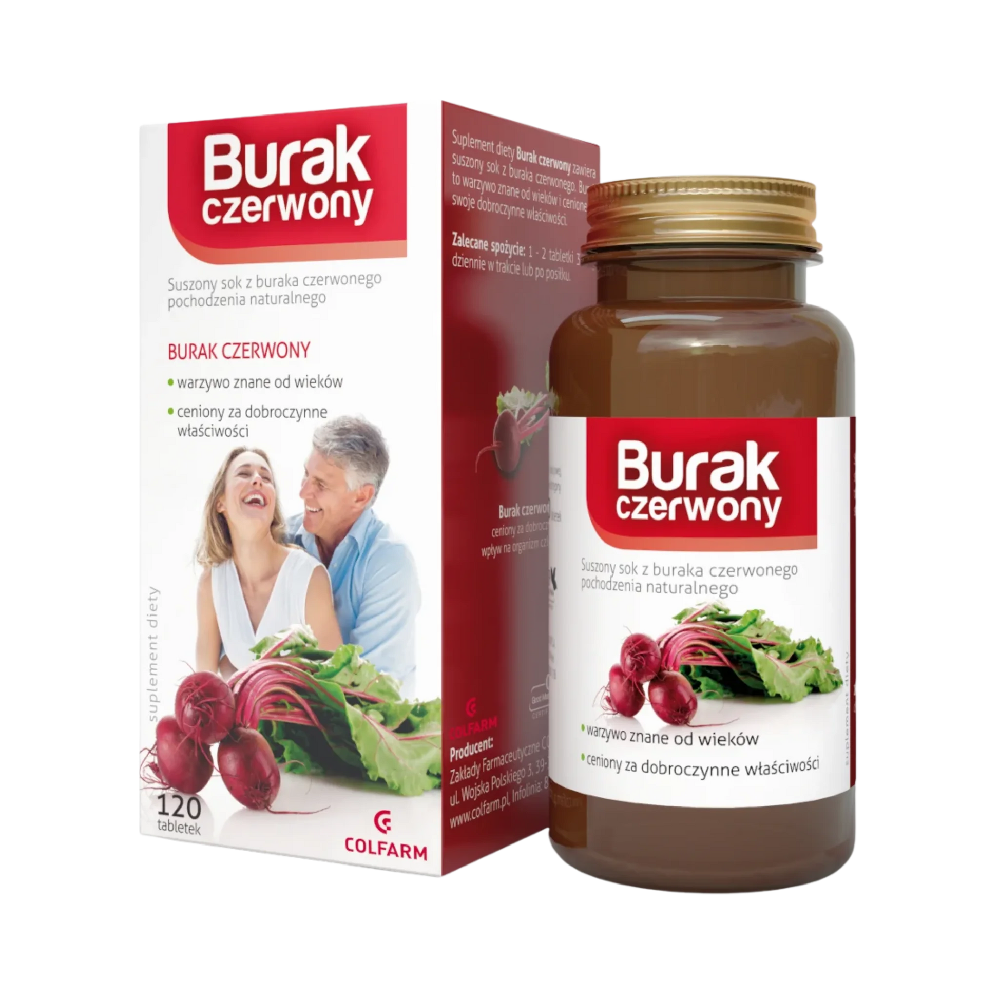 Burak Czerwony Colfarm – opakowanie i butelka produktu, suplement diety 120 tabletek
