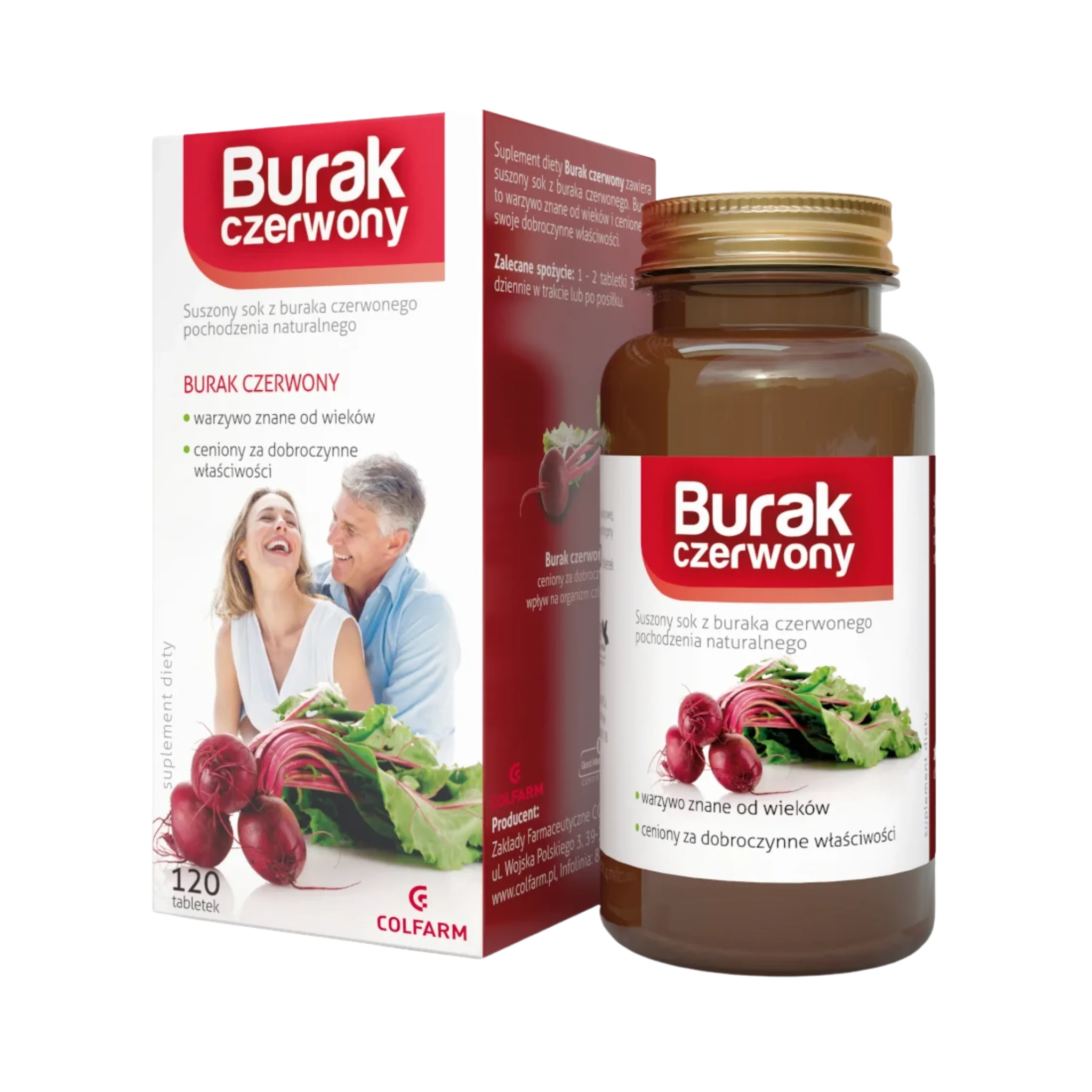 Burak Czerwony Colfarm – opakowanie i butelka produktu, suplement diety 120 tabletek