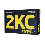 Front opakowania suplementu diety Colfarm 2KC Xtreme, 12 tabletek, czarne pudełko z dużym żółtym logo 2KC.