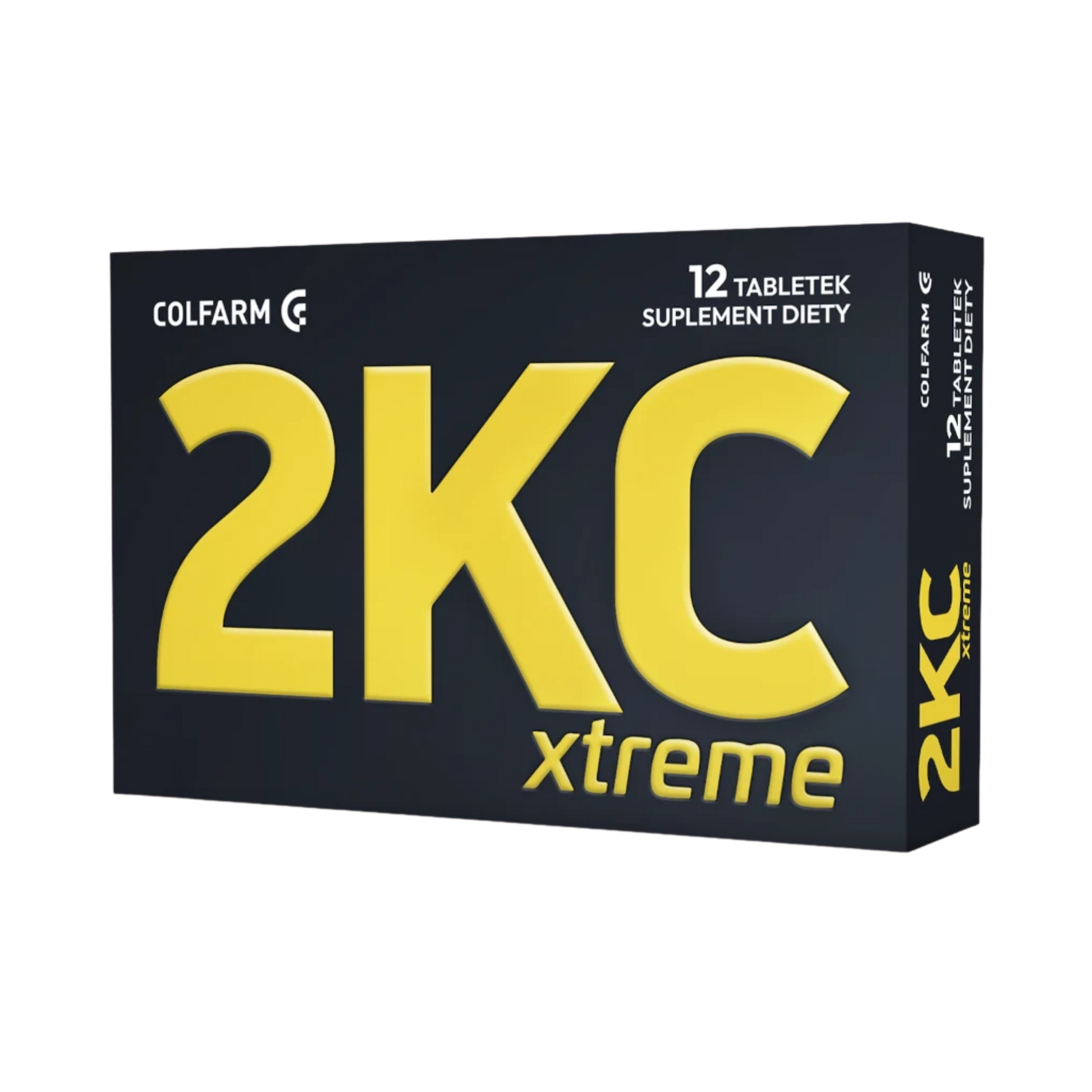 Front opakowania suplementu diety Colfarm 2KC Xtreme, 12 tabletek, czarne pudełko z dużym żółtym logo 2KC.