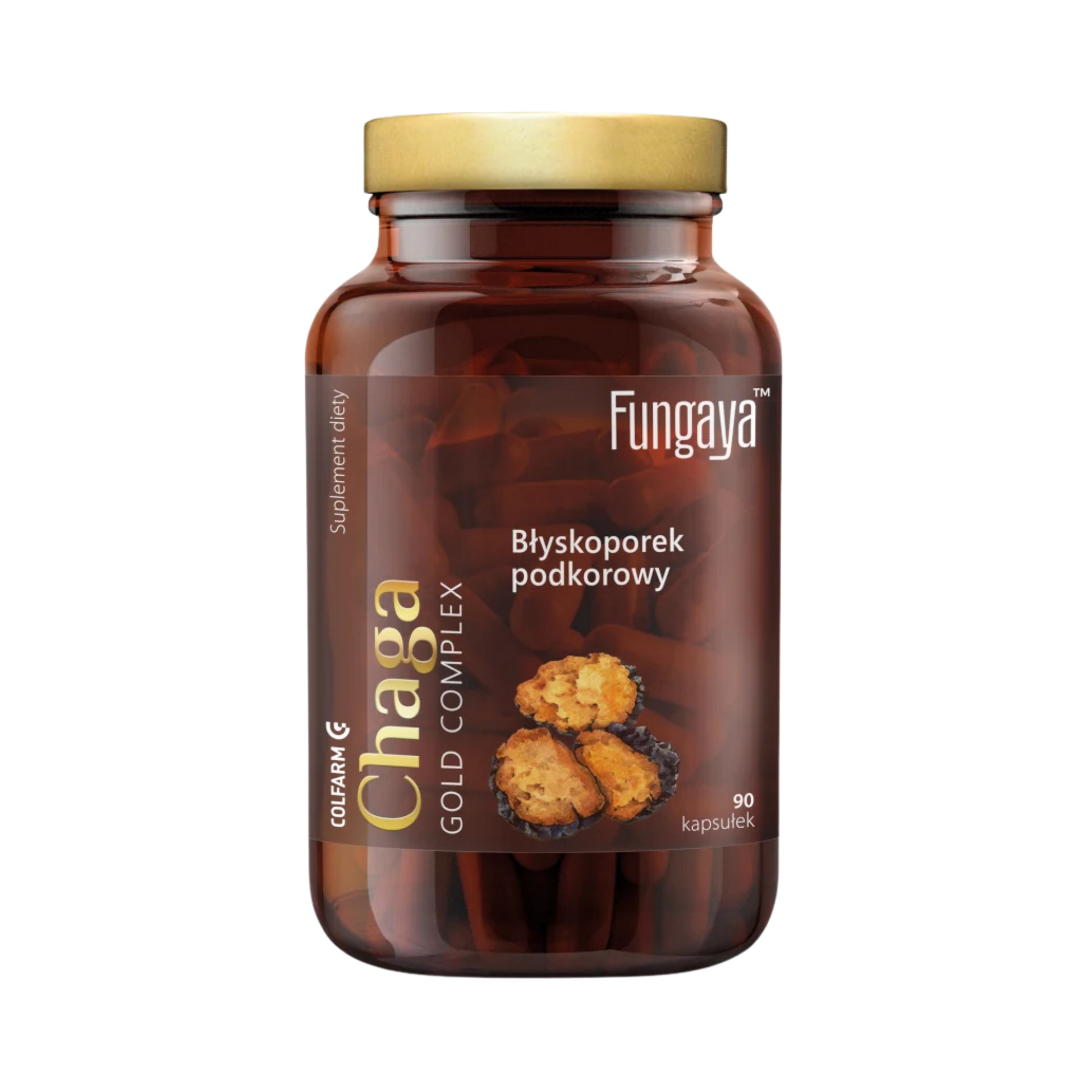 Butelka Colfarm Fungaya Chaga Gold Complex, 90 kapsułek, błyskoporek podkorowy