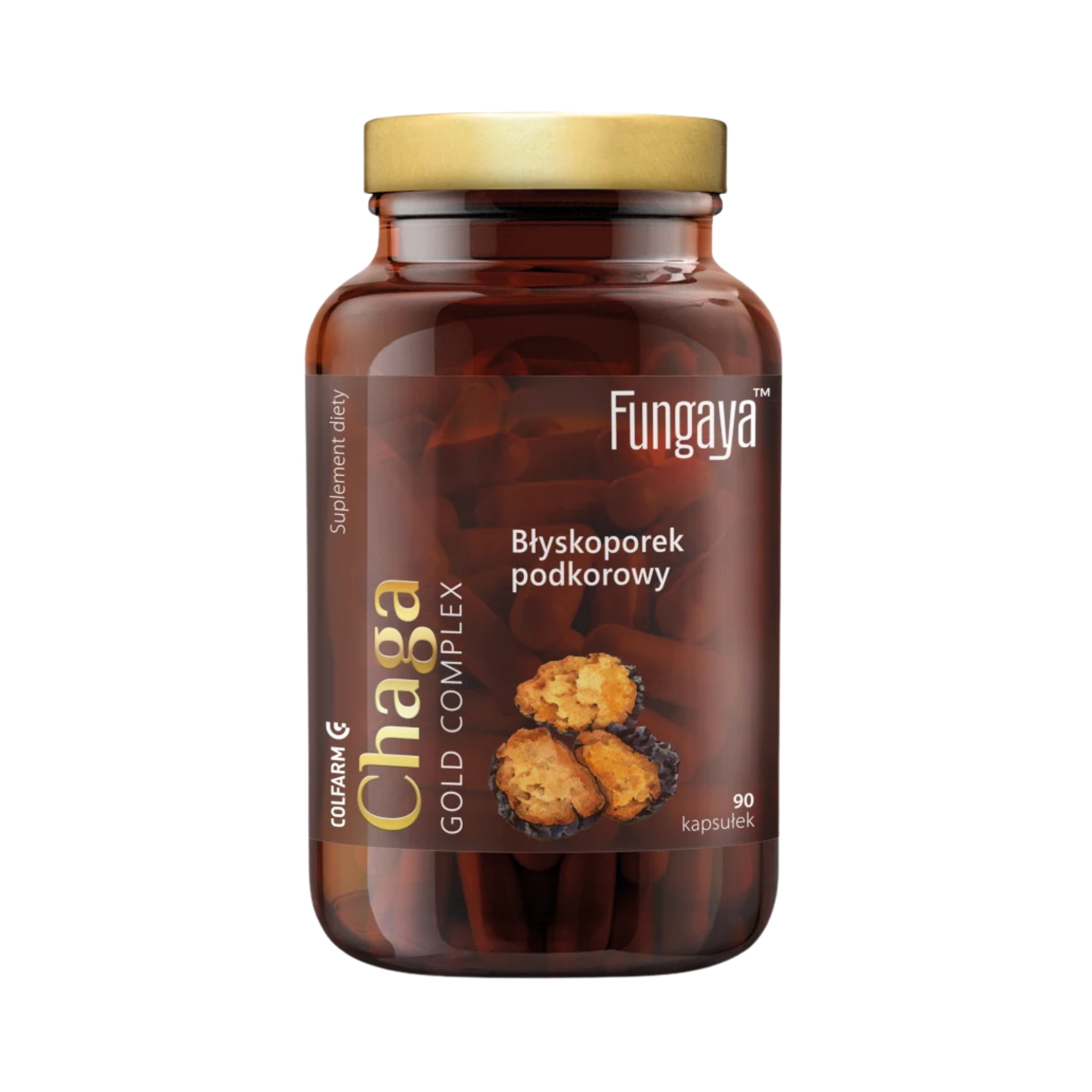 Butelka Colfarm Fungaya Chaga Gold Complex, 90 kapsułek, błyskoporek podkorowy