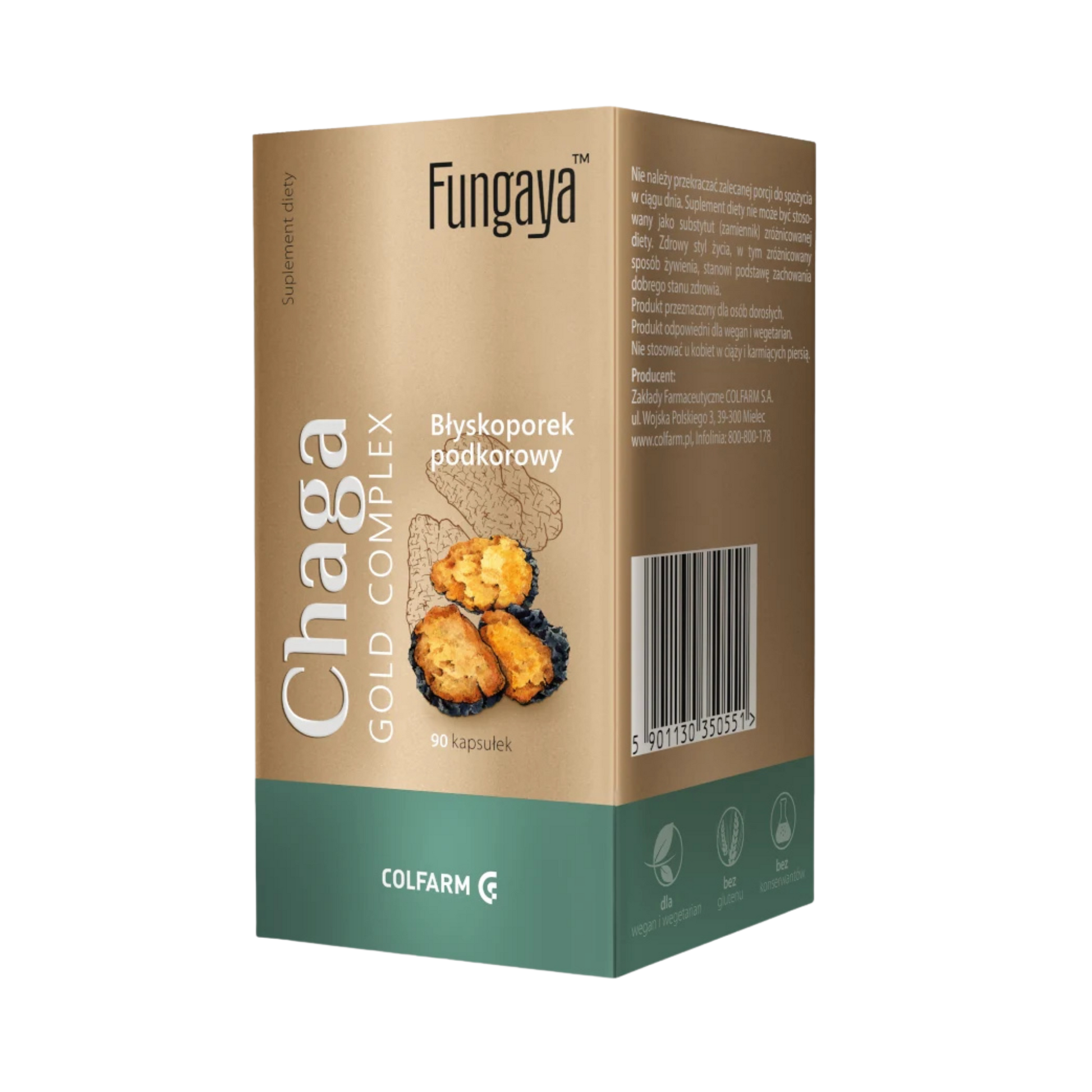 Boczne opakowanie Colfarm Fungaya Chaga Gold Complex, 90 kapsułek, błyskoporek podkorowy