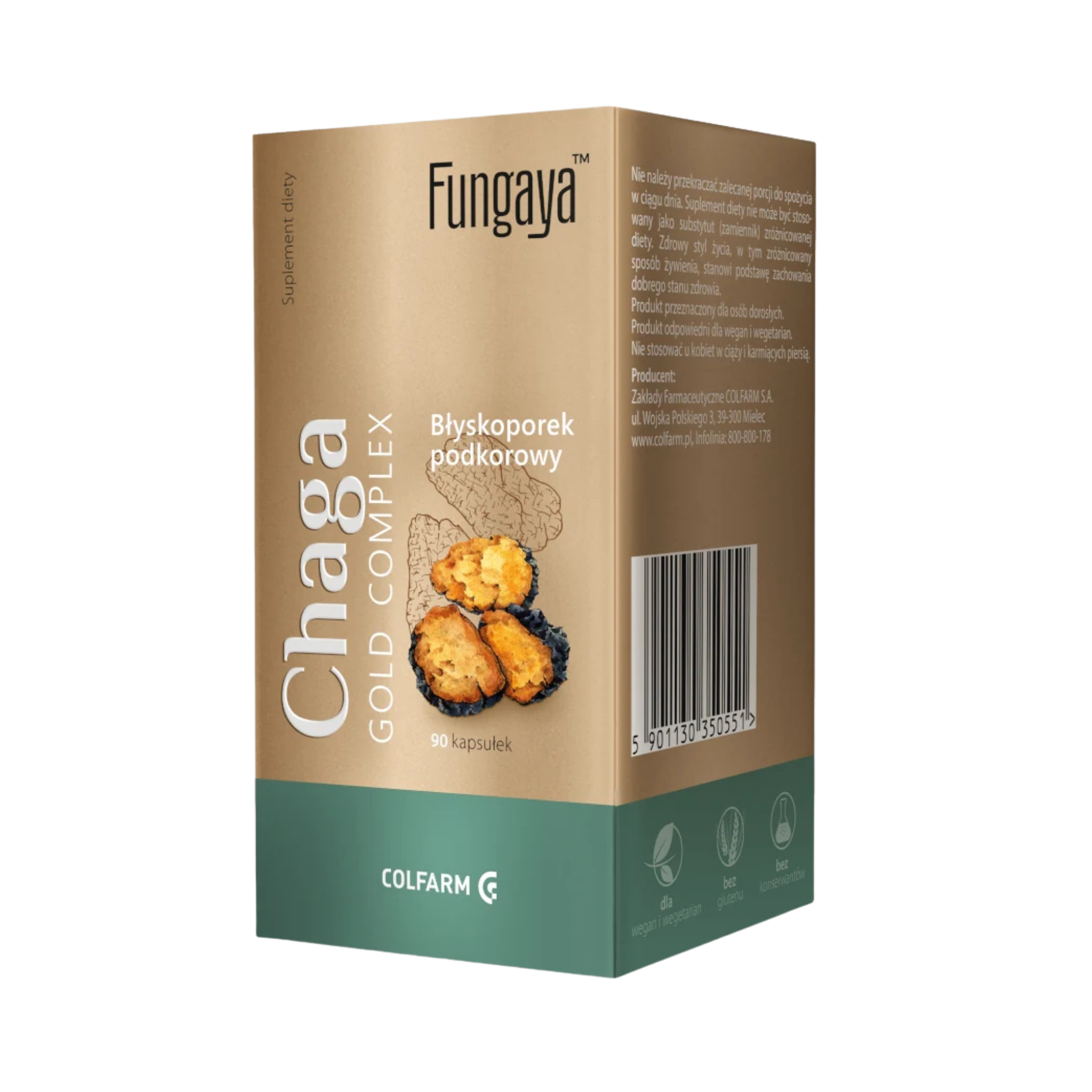 Boczne opakowanie Colfarm Fungaya Chaga Gold Complex, 90 kapsułek, błyskoporek podkorowy