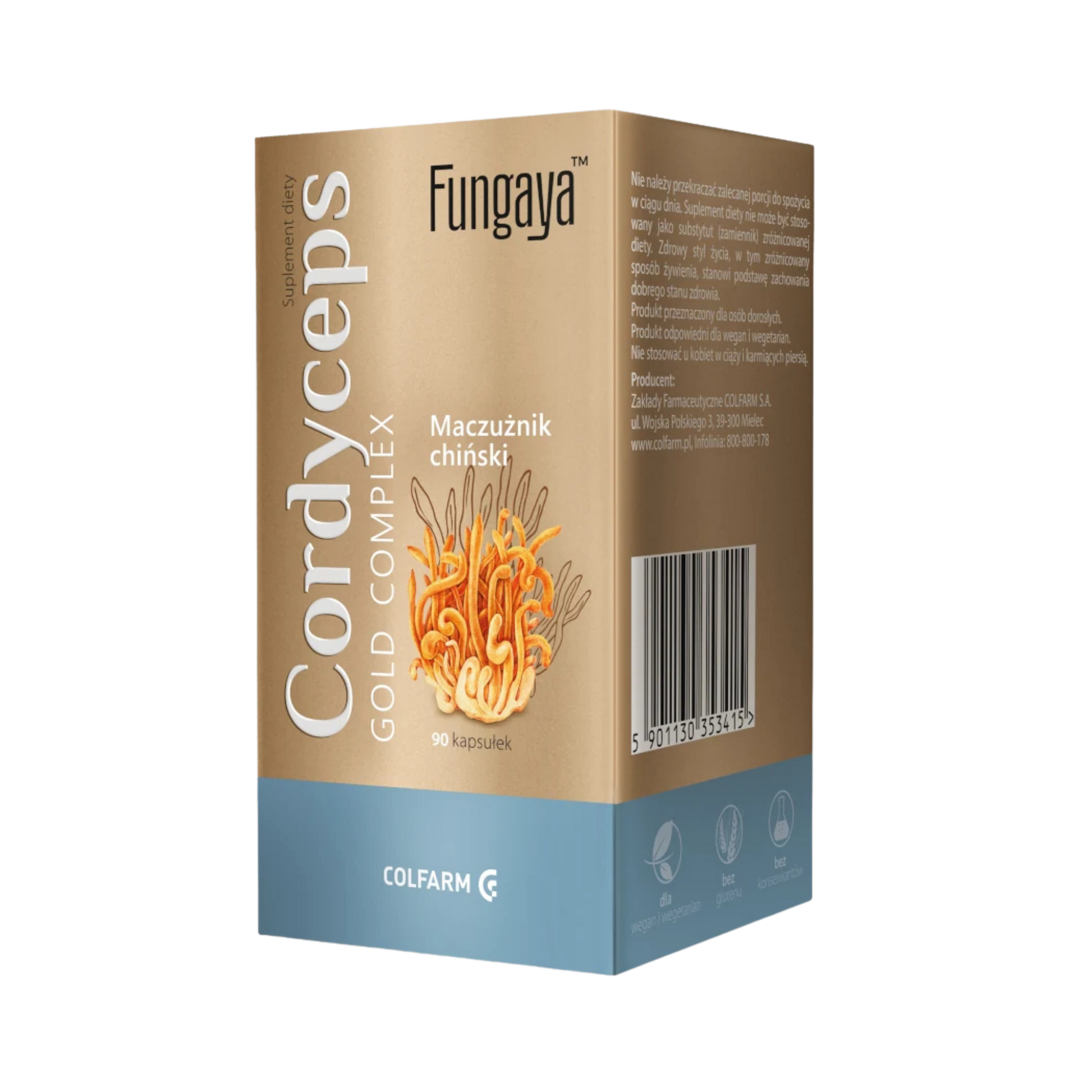 Boczne opakowanie Colfarm Fungaya Cordyceps Gold Complex, 90 kapsułek, maczużnik chiński