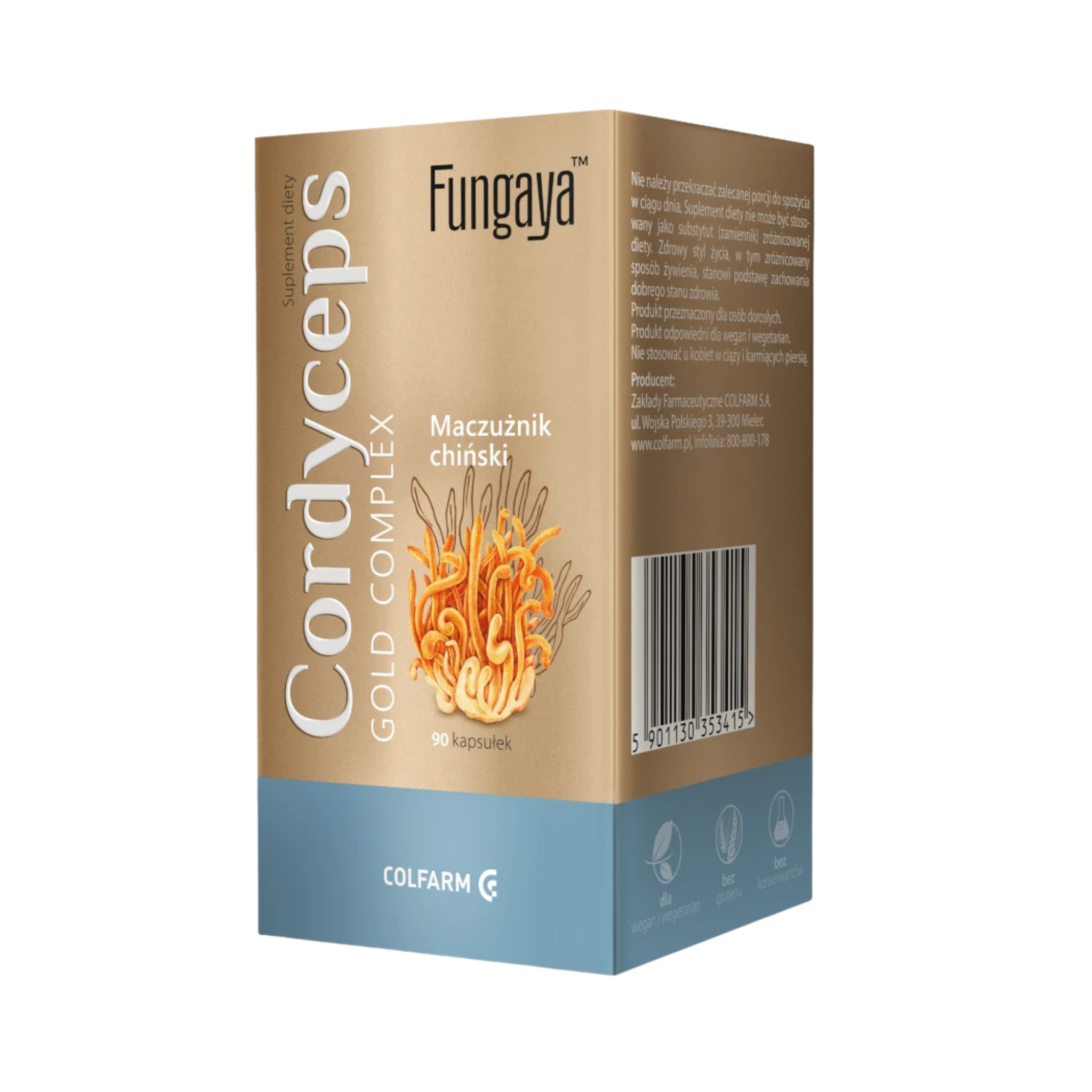 Boczne opakowanie Colfarm Fungaya Cordyceps Gold Complex, 90 kapsułek, maczużnik chiński