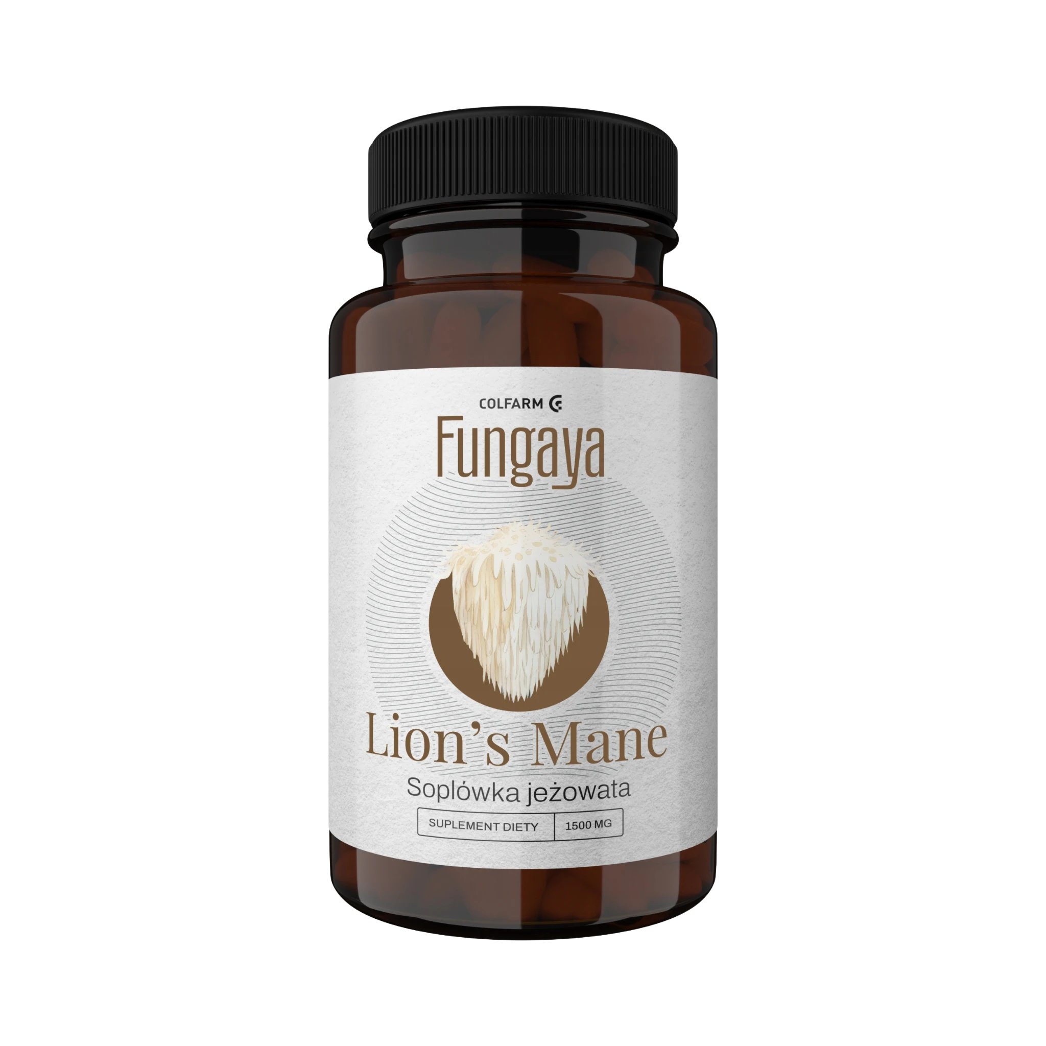 Colfarm Fungaya Lion’s Mane Soplówka jeżowata 1500 mg – suplement diety w kapsułkach, brązowa butelka