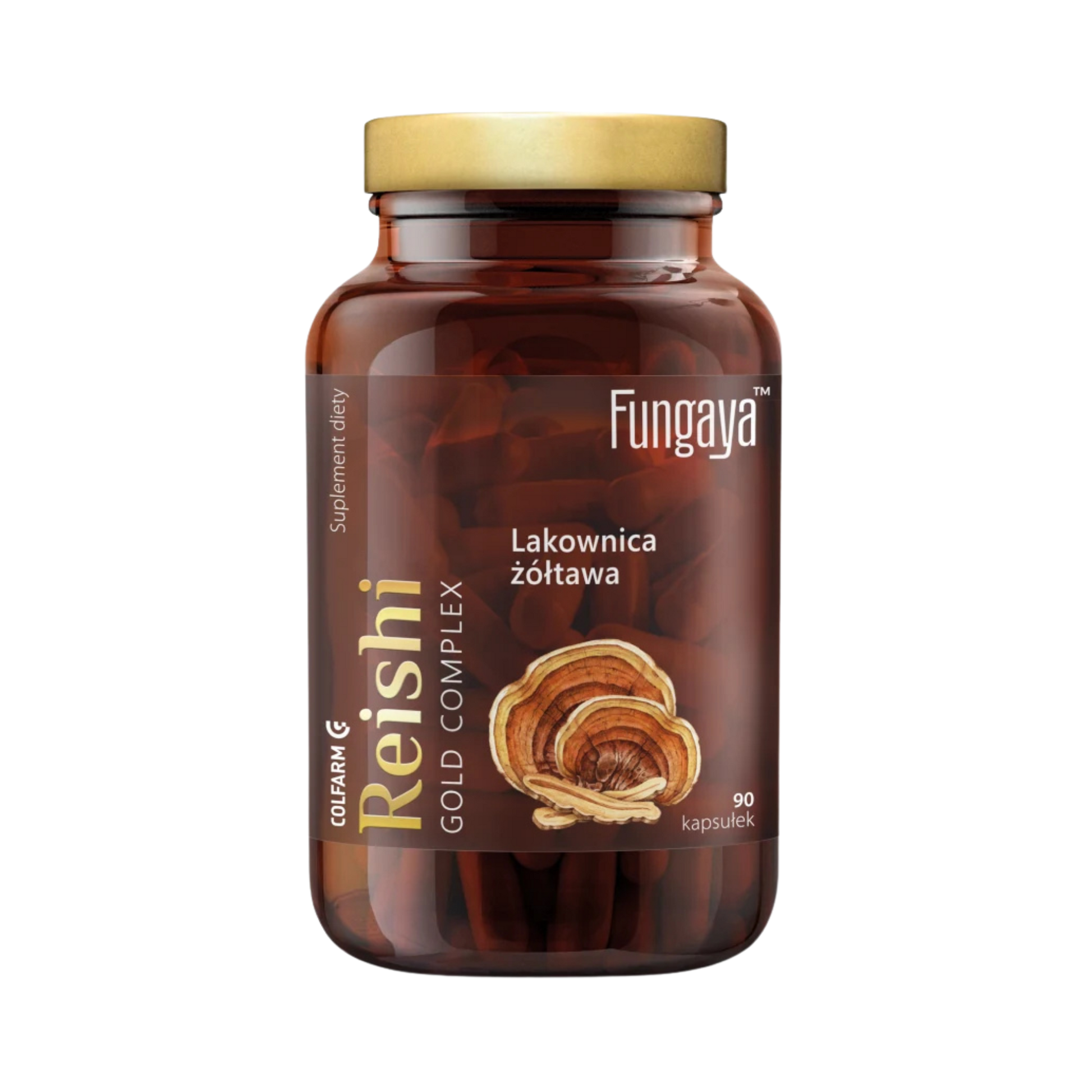 Butelka Colfarm Fungaya Reishi Gold Complex, 90 kapsułek, lakownica żółtawa