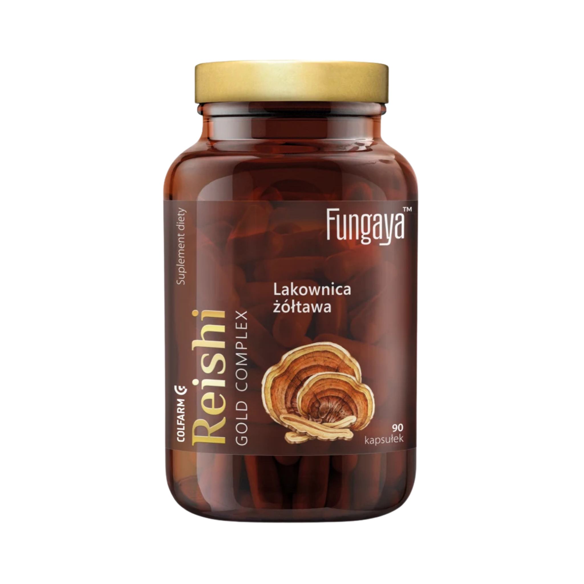 Butelka Colfarm Fungaya Reishi Gold Complex, 90 kapsułek, lakownica żółtawa