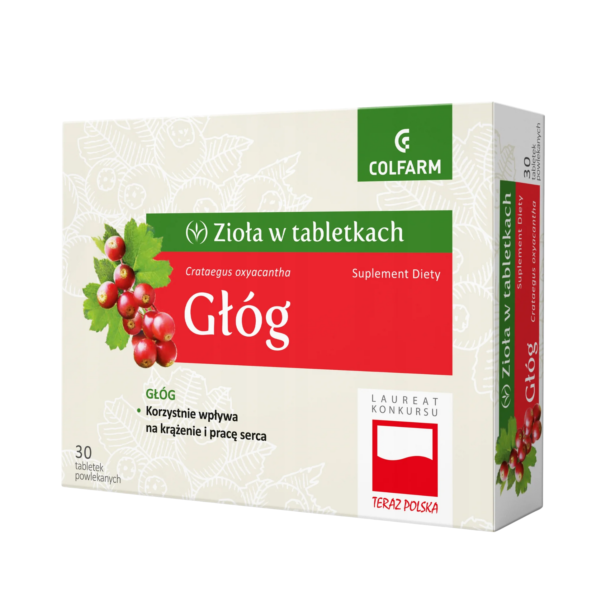 Front opakowania suplementu diety Colfarm Głóg, 30 tabletek powlekanych z napisem o korzystnym wpływie na krążenie i pracę serca.