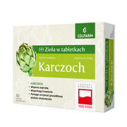 Front opakowania suplementu diety Colfarm Karczoch, 30 tabletek powlekanych na wątrobę, trawienie i poziom cholesterolu.
