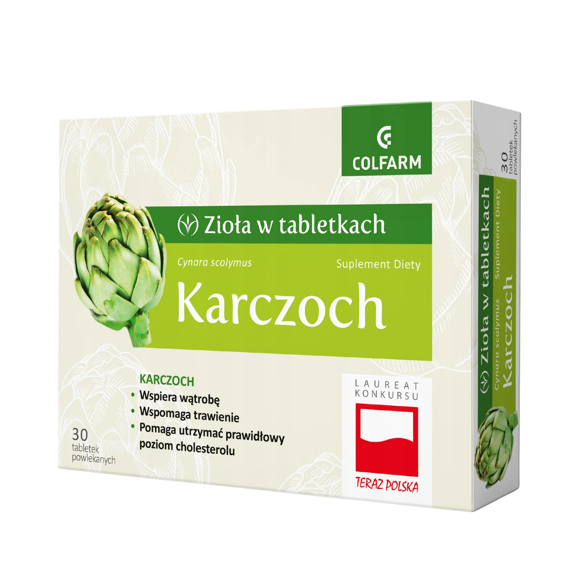 Front opakowania suplementu diety Colfarm Karczoch, 30 tabletek powlekanych na wątrobę, trawienie i poziom cholesterolu.