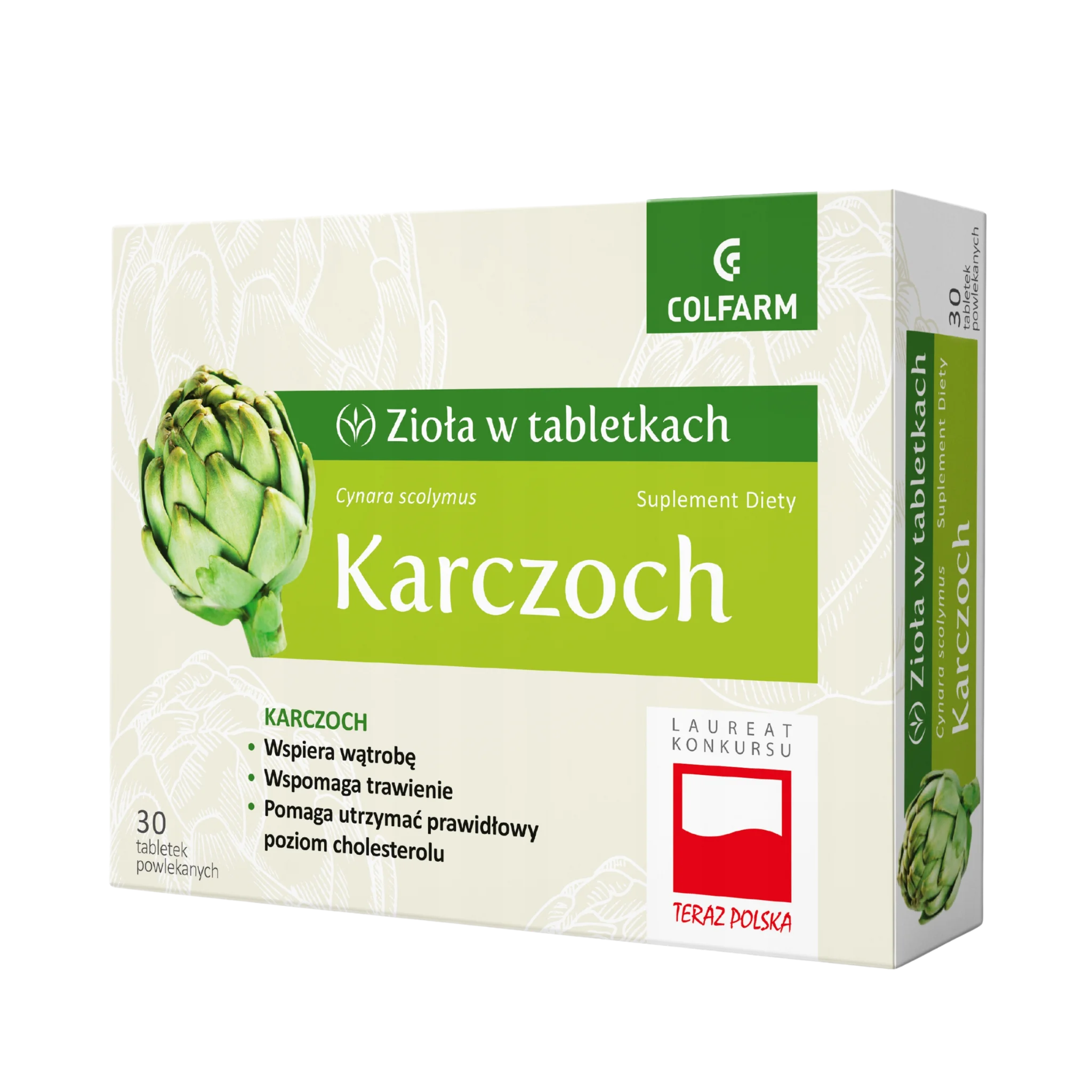 Front opakowania suplementu diety Colfarm Karczoch, 30 tabletek powlekanych na wątrobę, trawienie i poziom cholesterolu.
