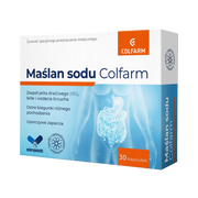 Front opakowania Maślan sodu Colfarm, 30 kapsułek, żywność specjalnego przeznaczenia medycznego przy zespole jelita drażliwego, biegunkach i zaparciach.