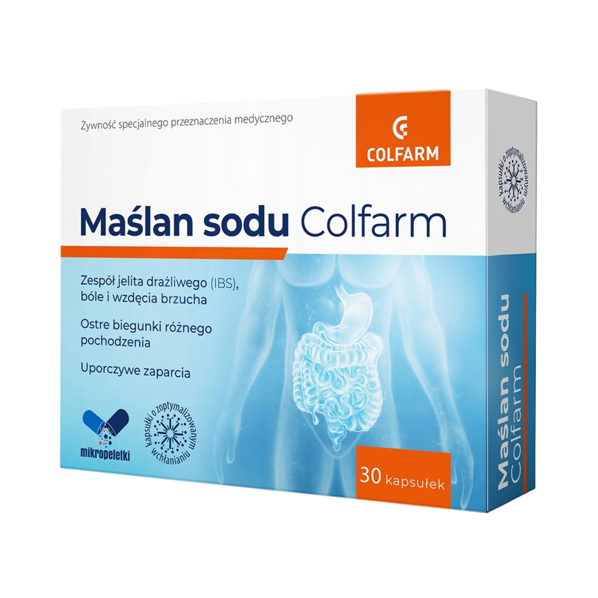 Front opakowania Maślan sodu Colfarm, 30 kapsułek, żywność specjalnego przeznaczenia medycznego przy zespole jelita drażliwego, biegunkach i zaparciach.