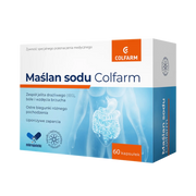 Front opakowania Maślan sodu Colfarm, 60 kapsułek, żywność specjalnego przeznaczenia medycznego na IBS, biegunki różnego pochodzenia i uporczywe zaparcia.