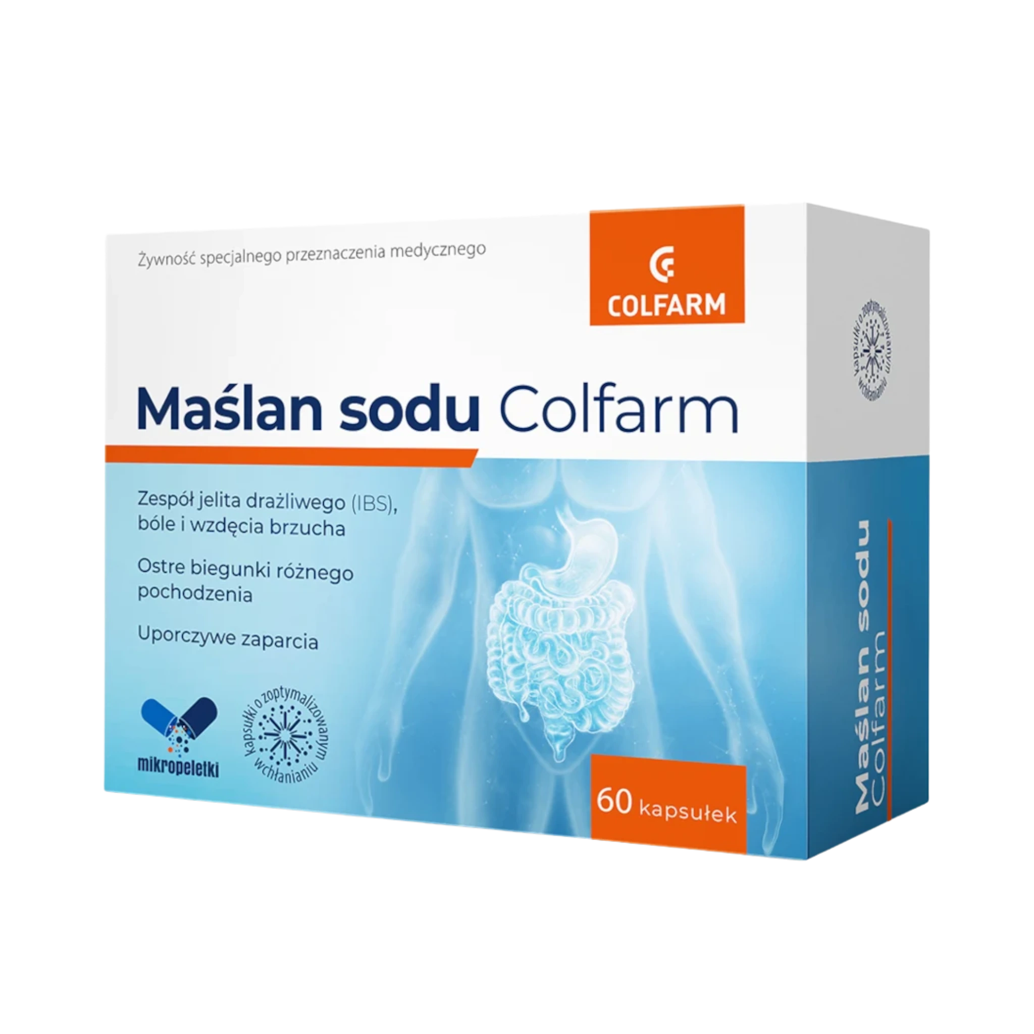Front opakowania Maślan sodu Colfarm, 60 kapsułek, żywność specjalnego przeznaczenia medycznego na IBS, biegunki różnego pochodzenia i uporczywe zaparcia.