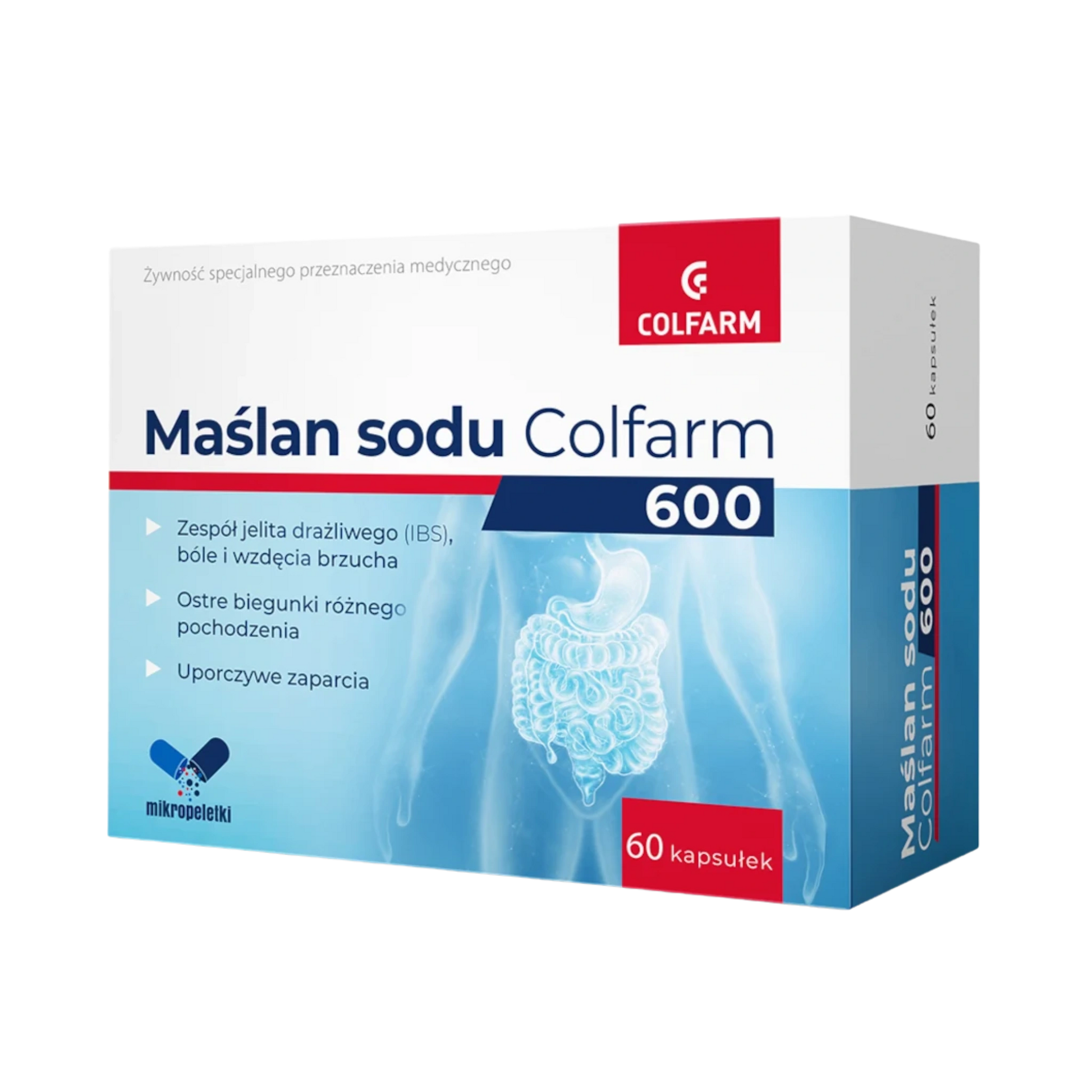 Front opakowania żywności specjalnego przeznaczenia medycznego Maślan sodu Colfarm 600, 60 kapsułek, z niebieską grafiką jelit i wskazaniem przy IBS i biegunkach.
