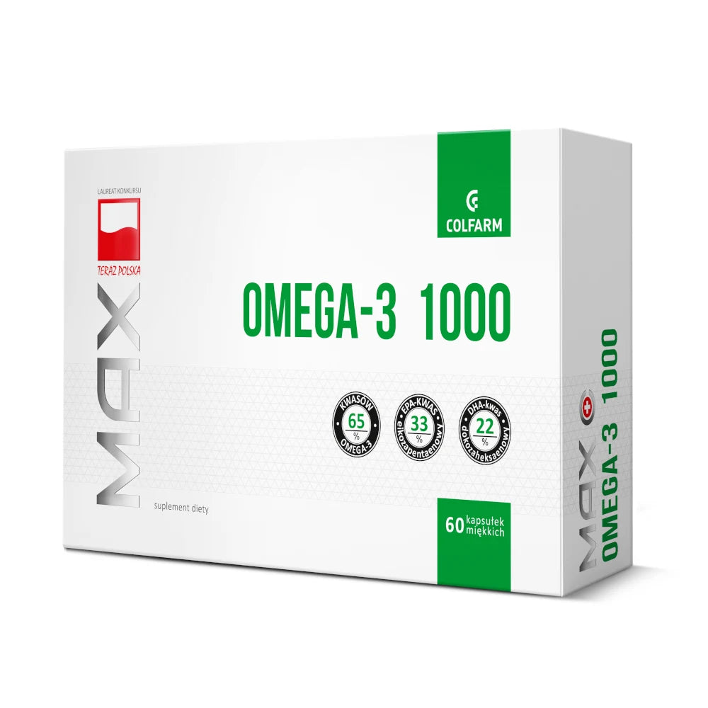 Colfarm Max Omega-3 1000 – suplement diety, 60 kapsułek miękkich, kwasy omega-3 EPA i DHA z oleju rybiego