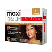 Front opakowania suplementu diety Colfarm Maxi Krzem + Biotyna, 30 kapsułek, z grafiką kobiety i napisem o mocnych, pięknych włosach.