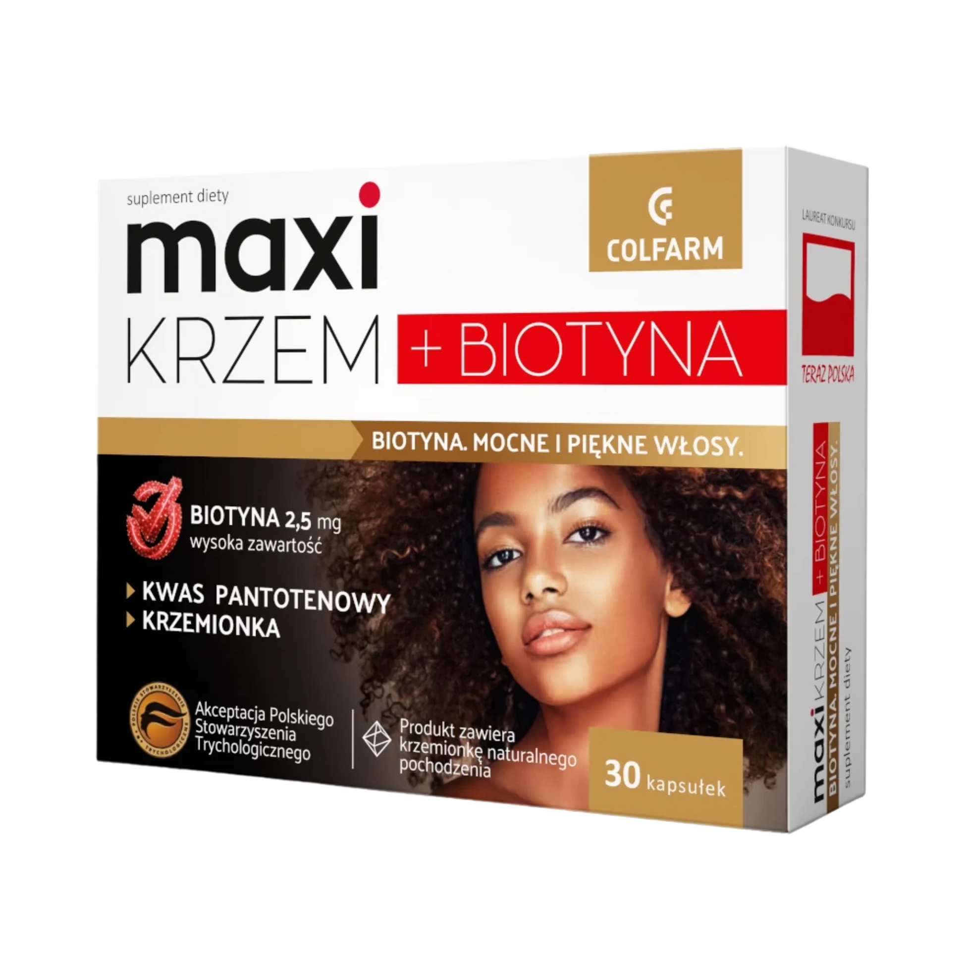 Front opakowania suplementu diety Colfarm Maxi Krzem + Biotyna, 30 kapsułek, z grafiką kobiety i napisem o mocnych, pięknych włosach.