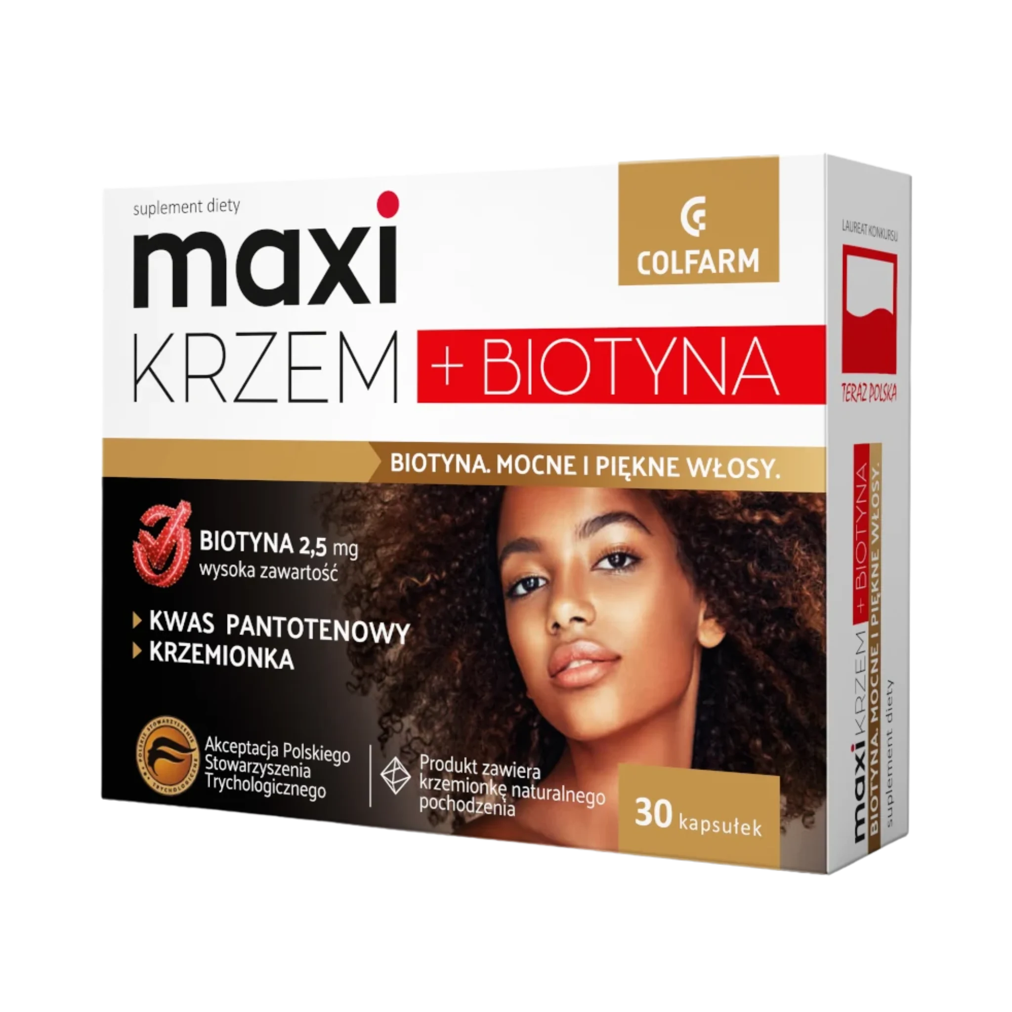 Front opakowania suplementu diety Colfarm Maxi Krzem + Biotyna, 30 kapsułek, z grafiką kobiety i napisem o mocnych, pięknych włosach.