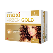 Colfarm Maxi Krzem Gold – suplement diety, witaminy i mikroelementy, opakowanie 60 kapsułek z wizerunkiem kobiety z gęstymi włosami