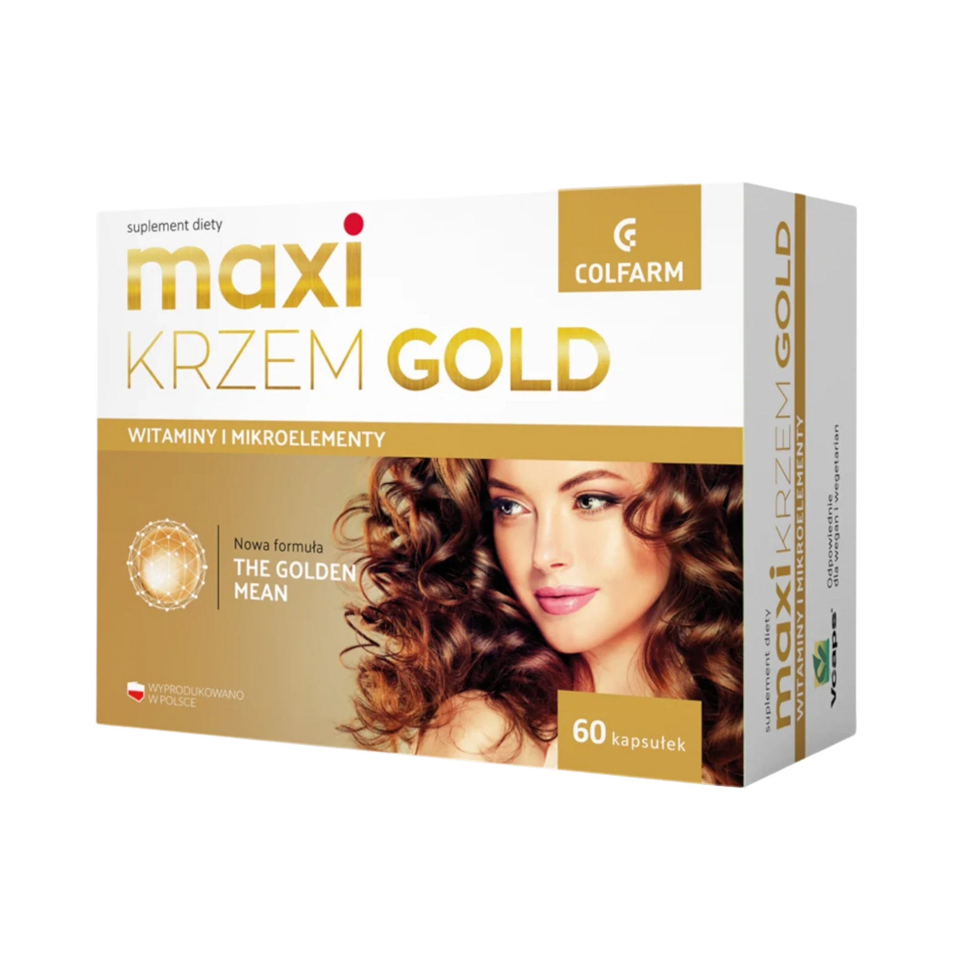 Colfarm Maxi Krzem Gold – suplement diety, witaminy i mikroelementy, opakowanie 60 kapsułek z wizerunkiem kobiety z gęstymi włosami