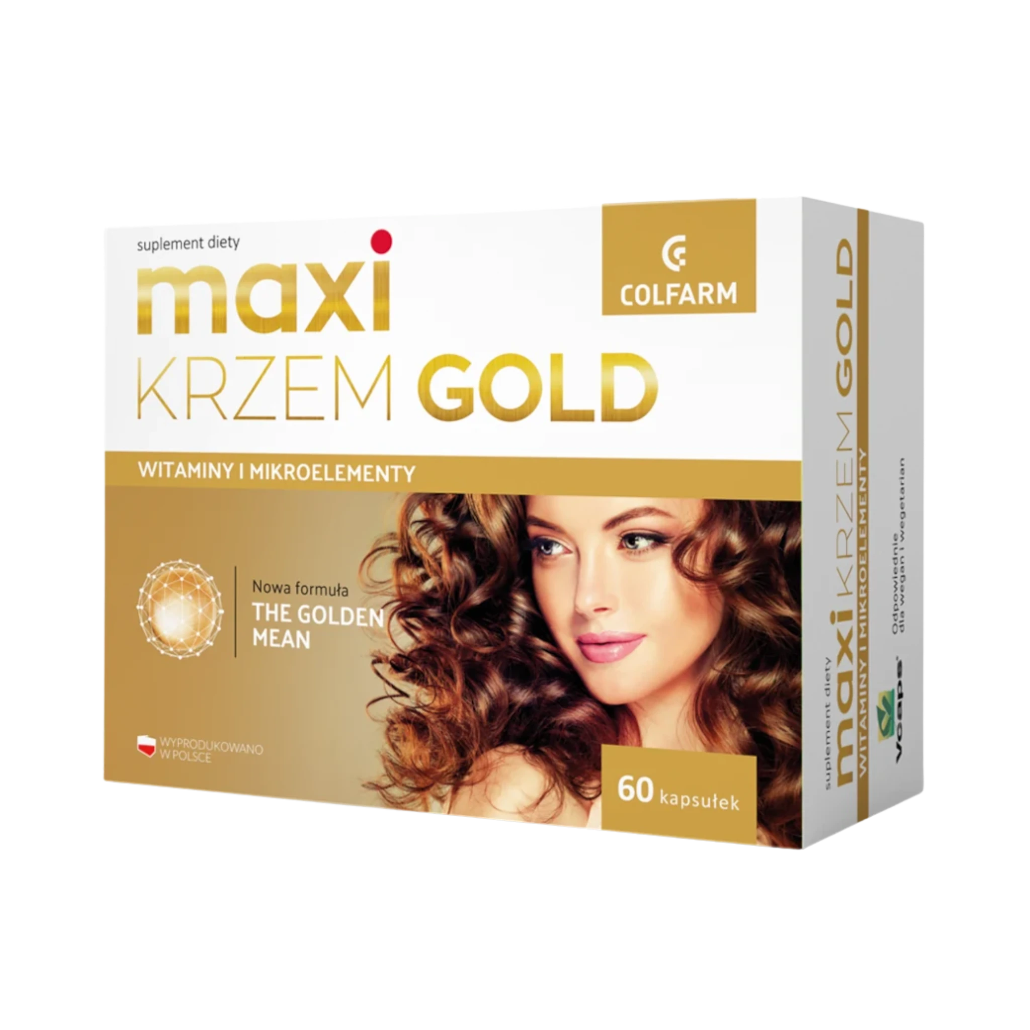 Colfarm Maxi Krzem Gold – suplement diety, witaminy i mikroelementy, opakowanie 60 kapsułek z wizerunkiem kobiety z gęstymi włosami