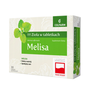 Front opakowania suplementu diety Colfarm Melisa, 30 tabletek powlekanych z napisem o dobrym nastroju i spokojnym śnie.