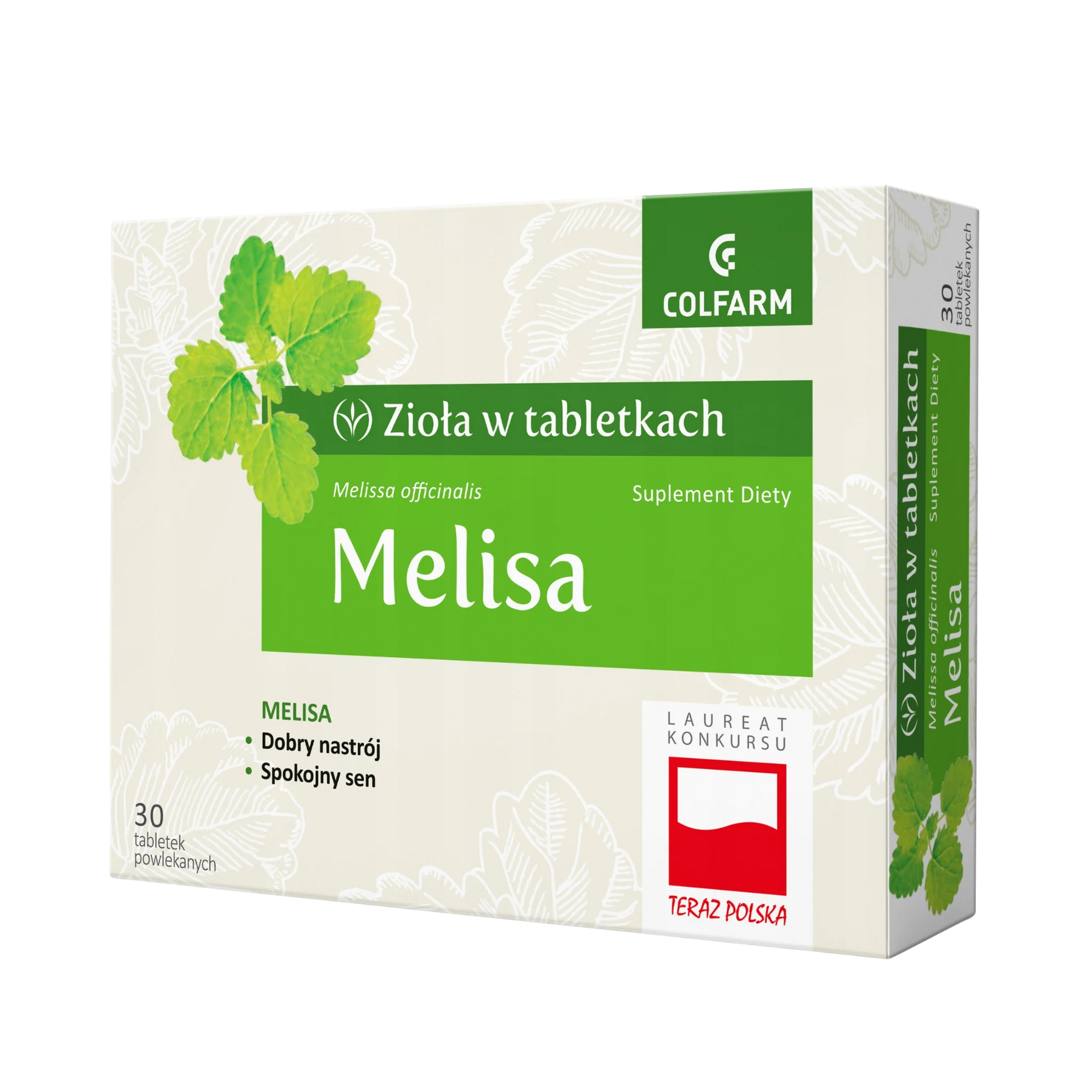 Front opakowania suplementu diety Colfarm Melisa, 30 tabletek powlekanych z napisem o dobrym nastroju i spokojnym śnie.
