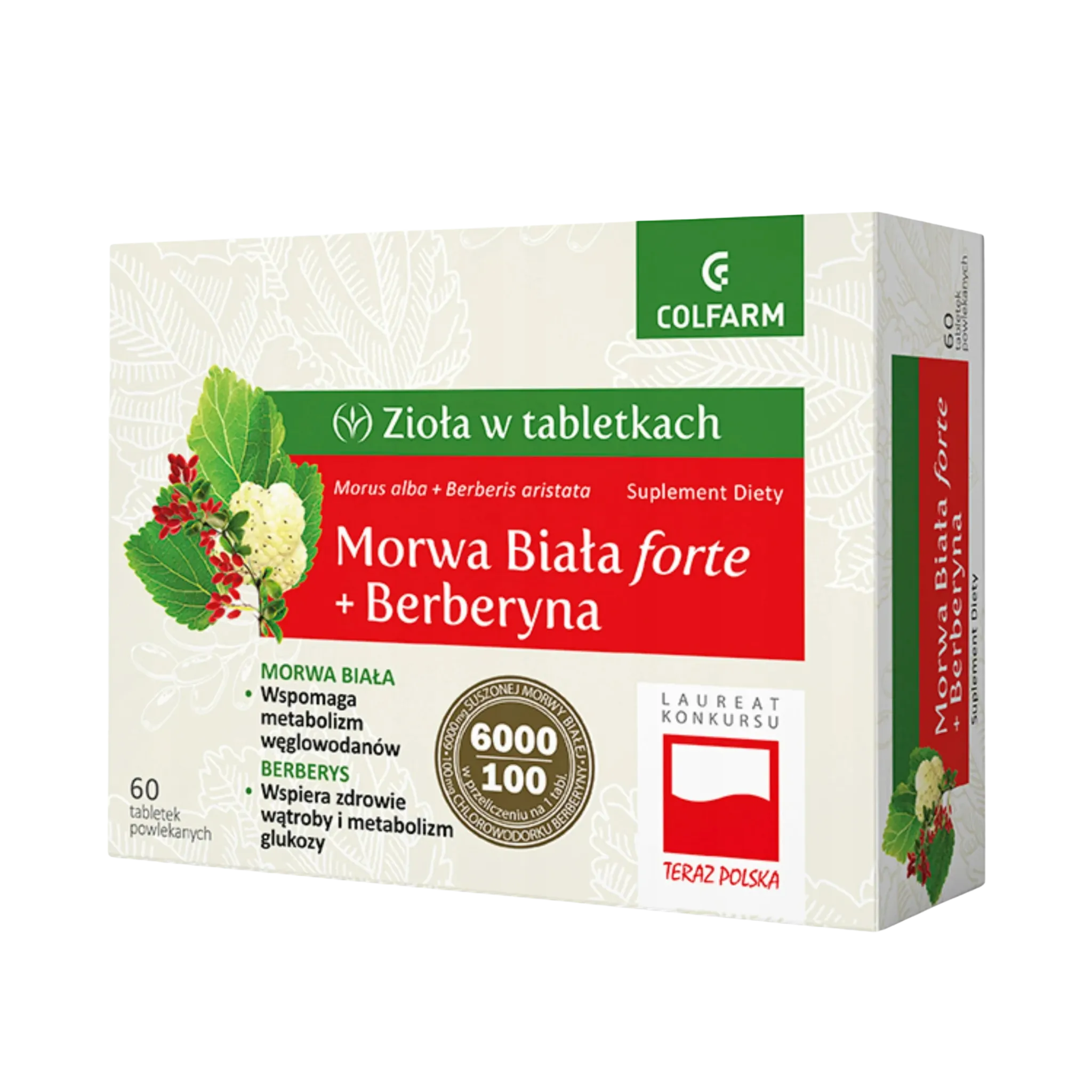 Colfarm Morwa Biała forte + Berberyna – suplement diety, 60 tabletek powlekanych, opakowanie produktu