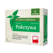 Front opakowania suplementu diety Colfarm Pokrzywa, 30 tabletek powlekanych z napisem o wsparciu włosów, paznokci, kości i krążenia.