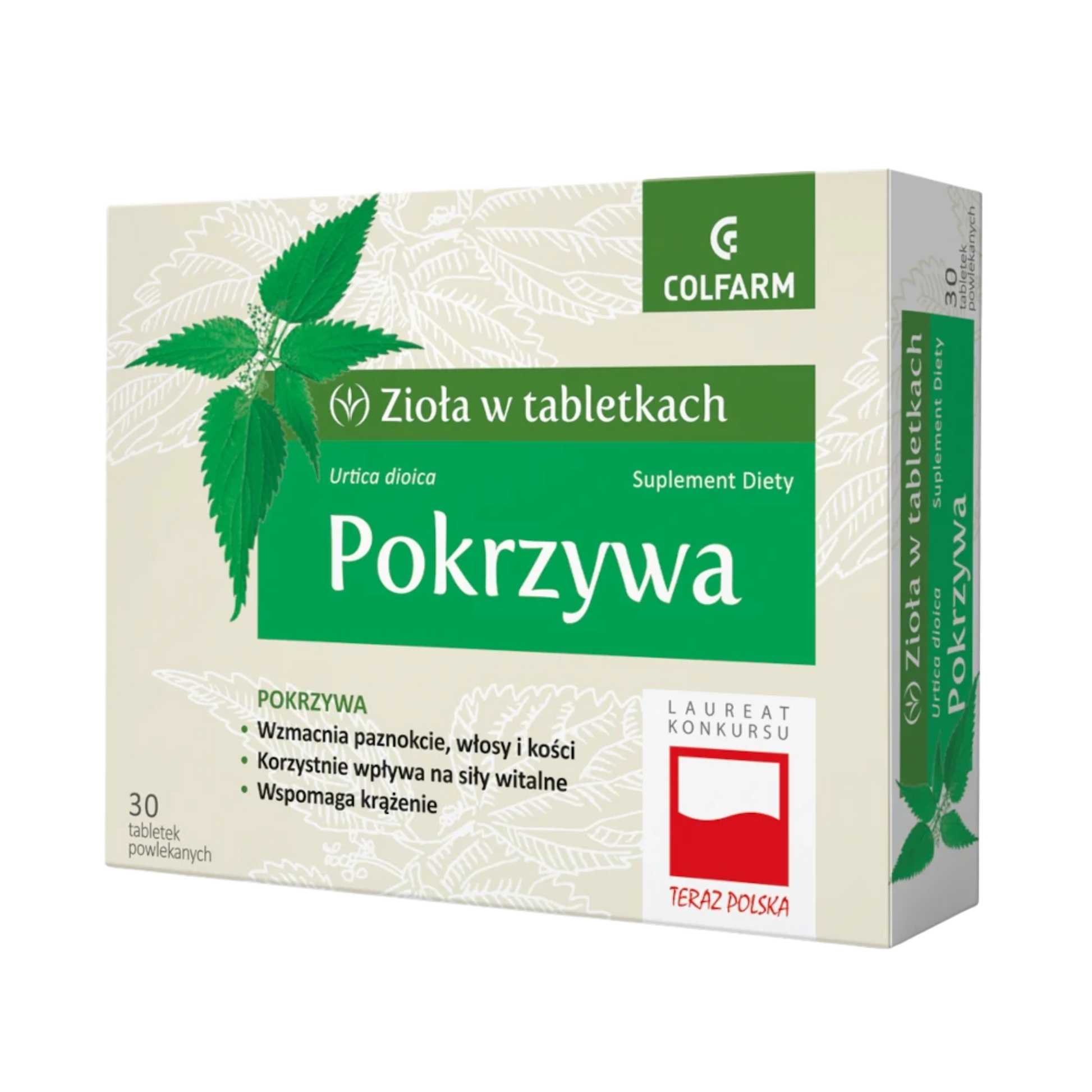 Front opakowania suplementu diety Colfarm Pokrzywa, 30 tabletek powlekanych z napisem o wsparciu włosów, paznokci, kości i krążenia.