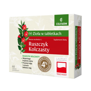 Opakowanie suplementu diety Colfarm Ruszczyk Kolczasty z ilustracją rośliny i czerwonymi owocami