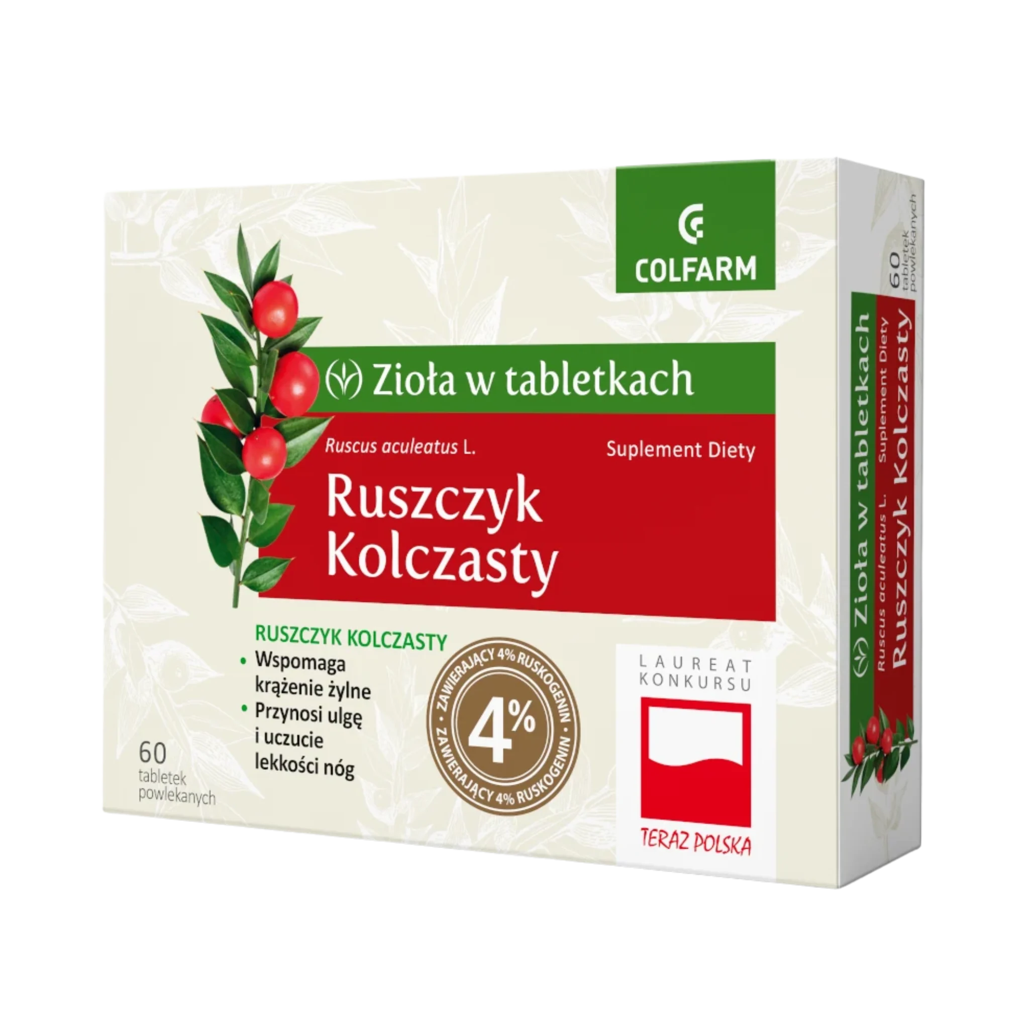 Opakowanie suplementu diety Colfarm Ruszczyk Kolczasty z ilustracją rośliny i czerwonymi owocami