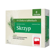 Front opakowania suplementu diety Colfarm Skrzyp, 30 tabletek z napisem o krzemionce na włosy i paznokcie.