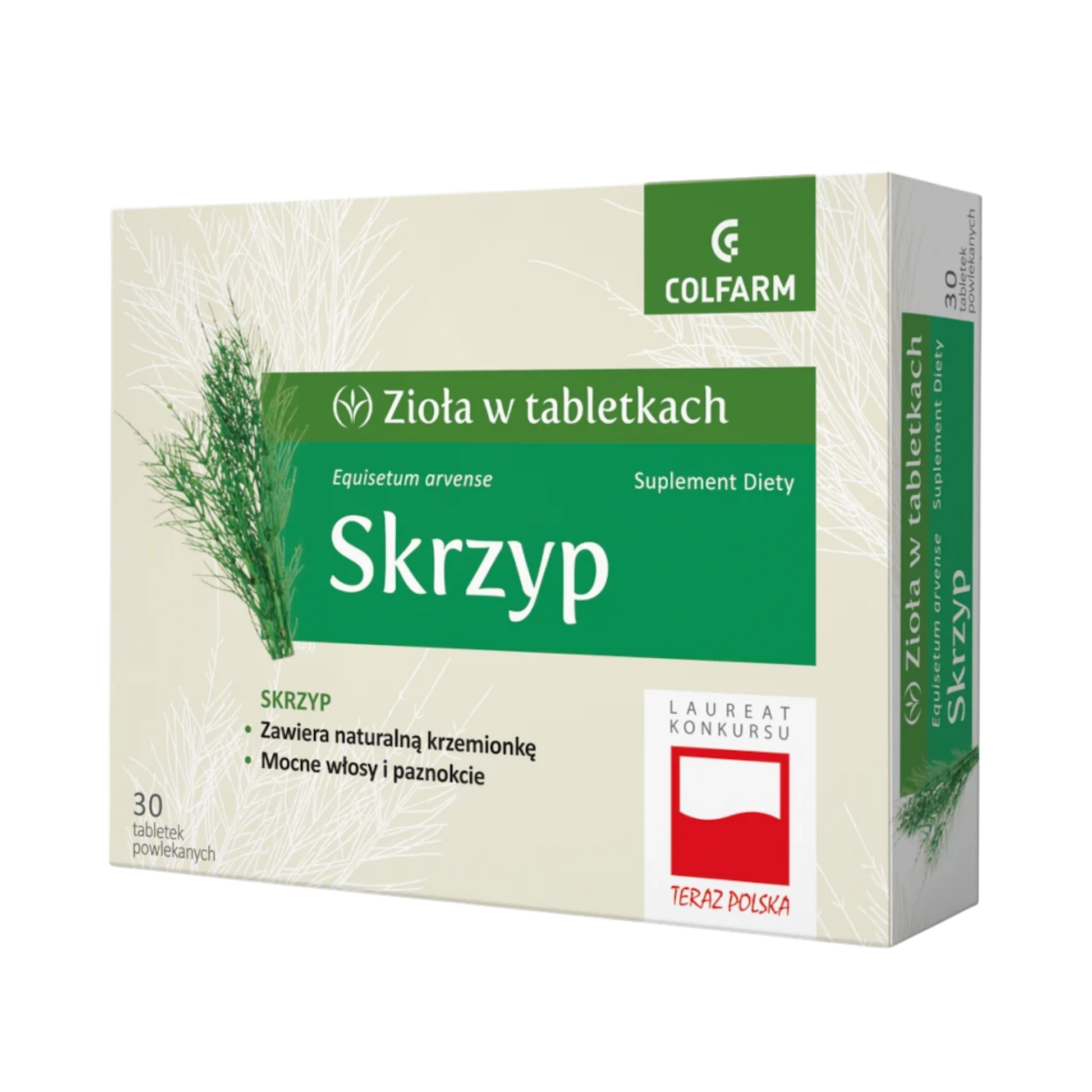 Front opakowania suplementu diety Colfarm Skrzyp, 30 tabletek z napisem o krzemionce na włosy i paznokcie.
