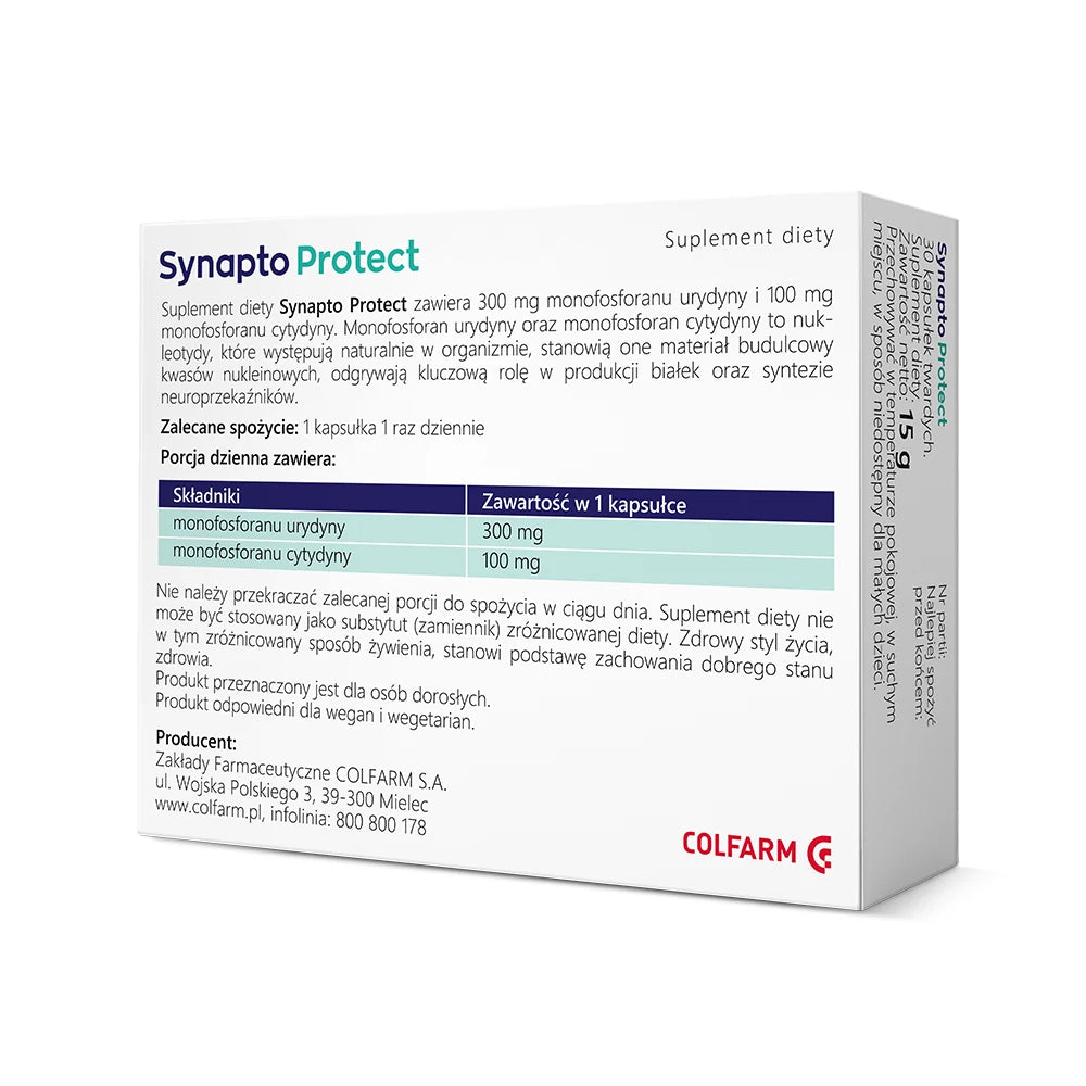 Tył opakowania Colfarm Synapto Protect, 30 kapsułek twardych, suplement diety z monofosforanem urydyny i cytydyny