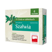 Front opakowania suplementu diety Colfarm Szałwia, 30 tabletek z napisem o wsparciu układu pokarmowego i naturalnej odporności.