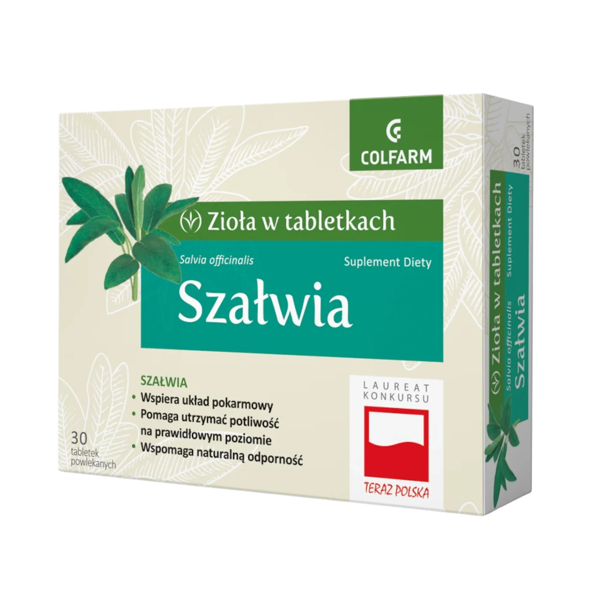 Front opakowania suplementu diety Colfarm Szałwia, 30 tabletek z napisem o wsparciu układu pokarmowego i naturalnej odporności.