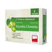 Front opakowania suplementu diety Colfarm Szyszka Chmielu, 30 tabletek powlekanych z napisem o wyciszeniu, relaksacji i spokojnym śnie.