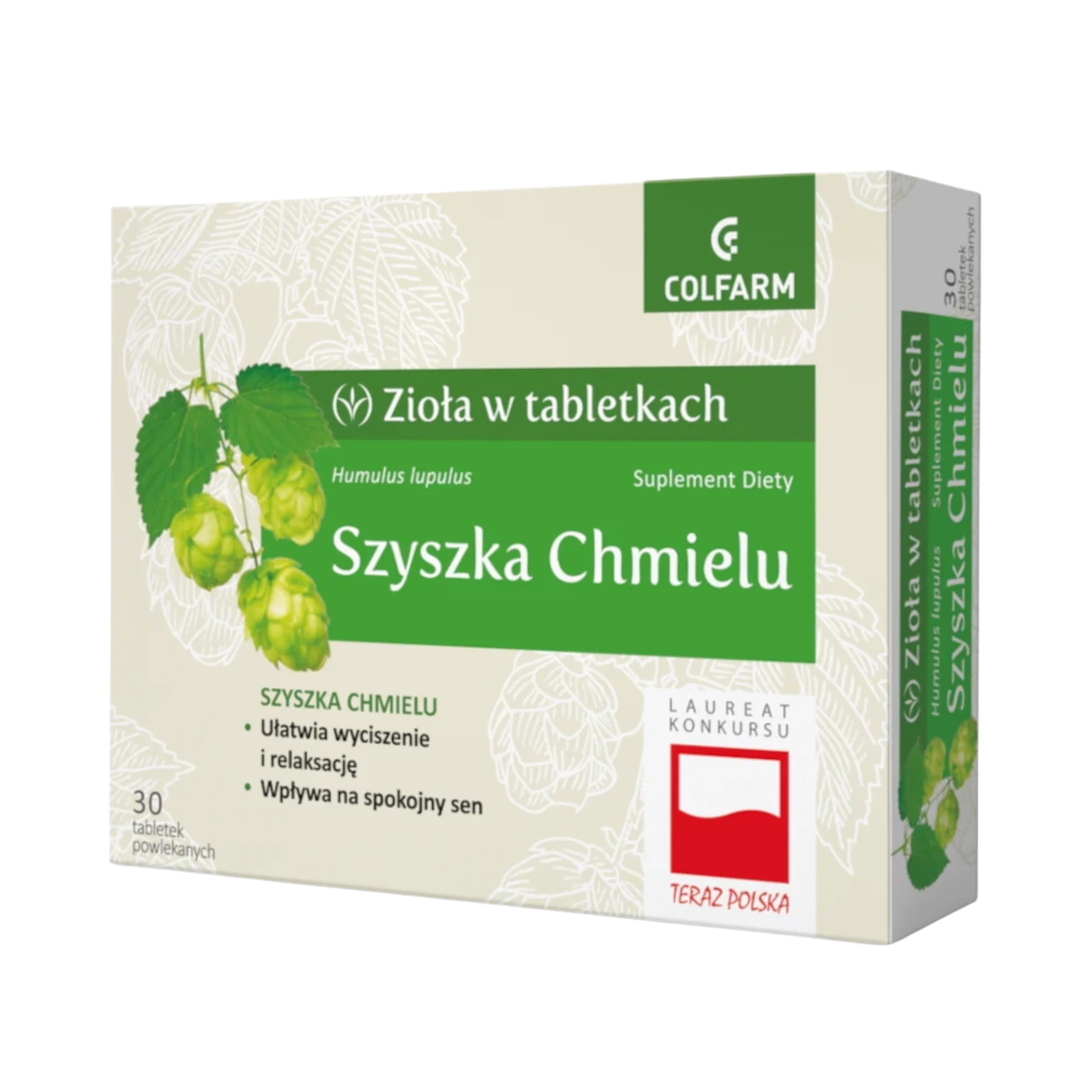 Front opakowania suplementu diety Colfarm Szyszka Chmielu, 30 tabletek powlekanych z napisem o wyciszeniu, relaksacji i spokojnym śnie.