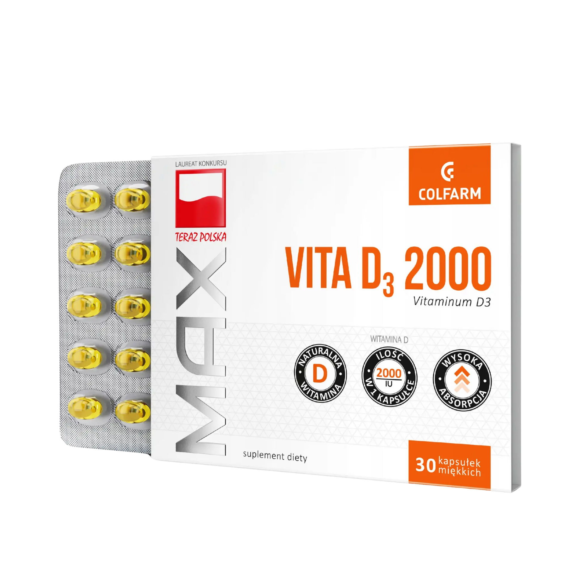 Colfarm Vita D3 2000 – suplement diety, 30 kapsułek miękkich, opakowanie produktu