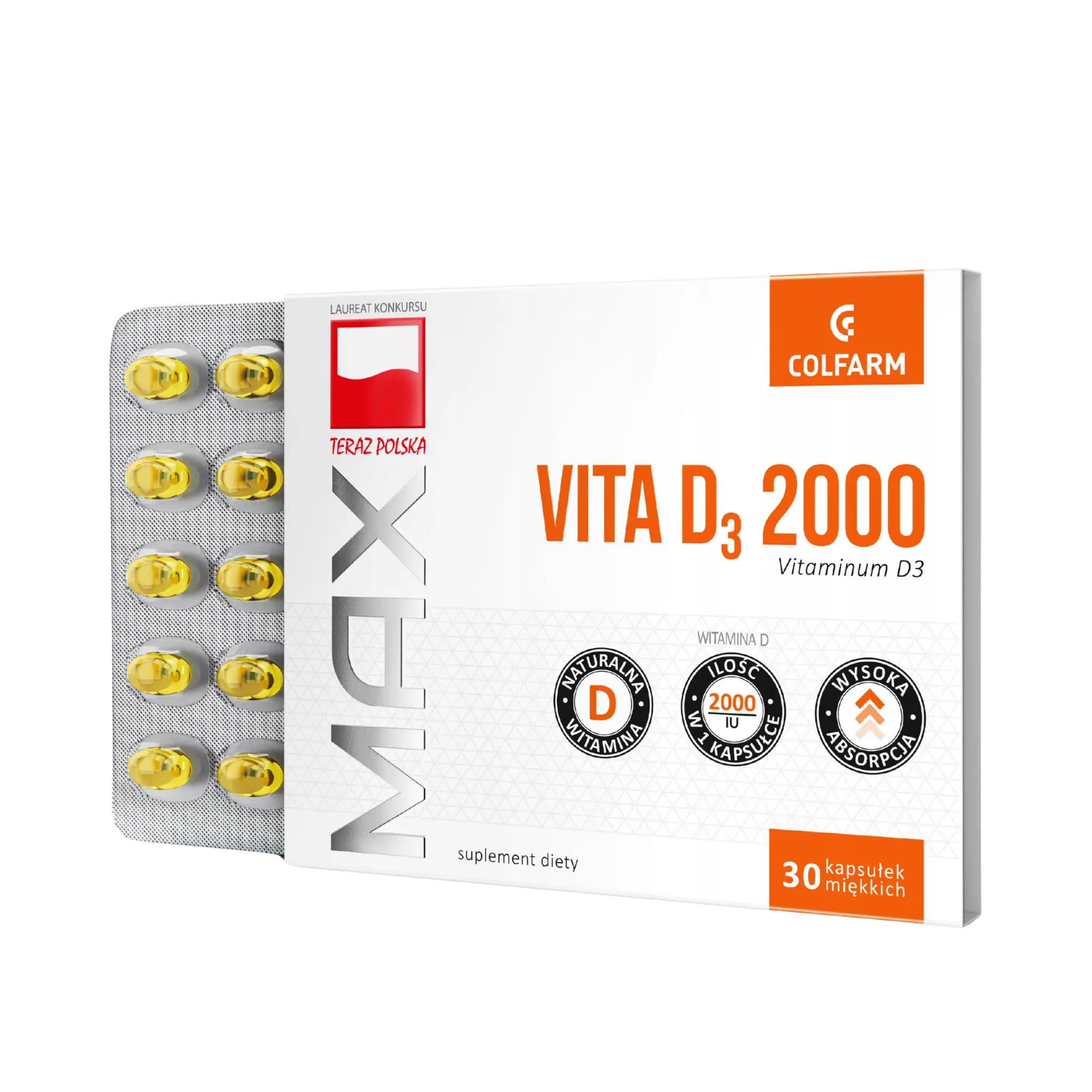 Colfarm Vita D3 2000 – suplement diety, 30 kapsułek miękkich, opakowanie produktu