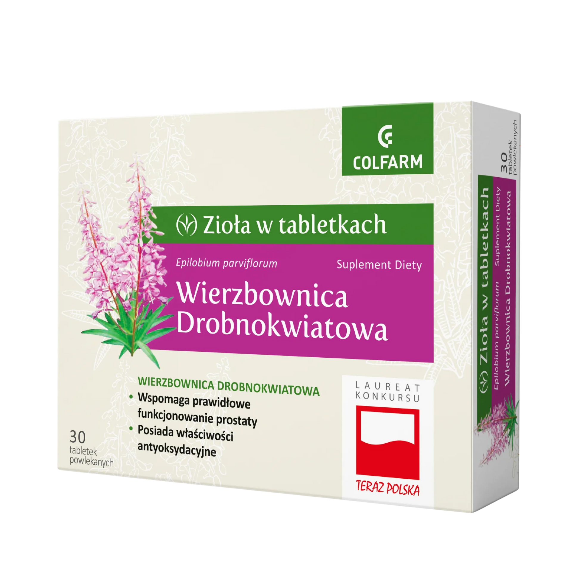 Front opakowania suplementu diety Colfarm Wierzbownica drobnokwiatowa, 30 tabletek, wsparcie funkcji prostaty.